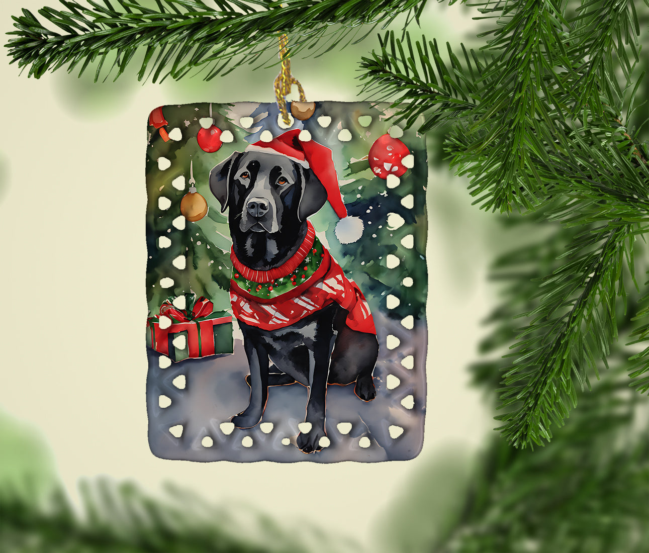 Black Labrador Retriever Christmas Porcelain Ornament Christmas Tree Hanging Decorations for Home Christmas Holiday, Rectangle, Gift, Multicolor