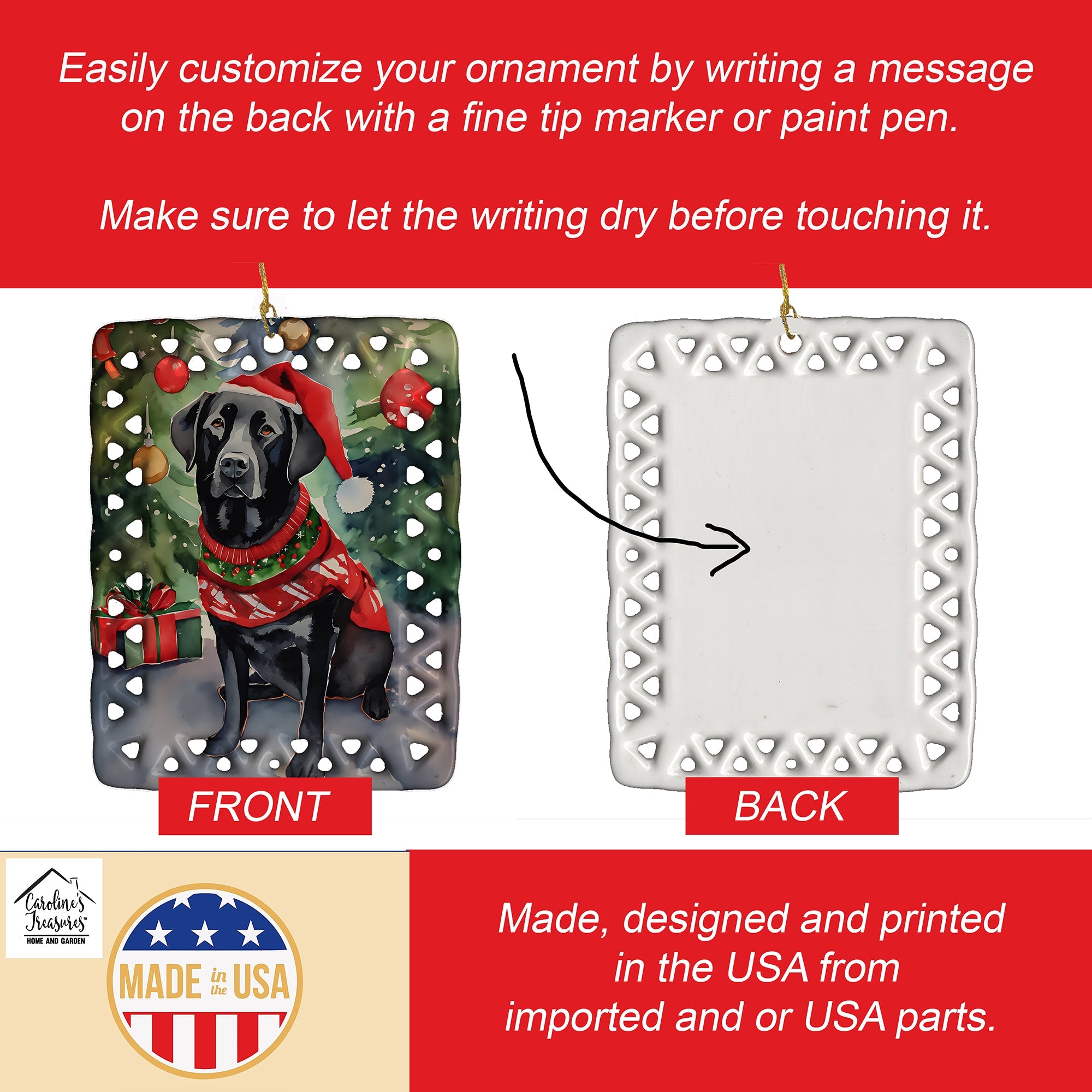 Black Labrador Retriever Christmas Porcelain Ornament Christmas Tree Hanging Decorations for Home Christmas Holiday, Rectangle, Gift, Multicolor