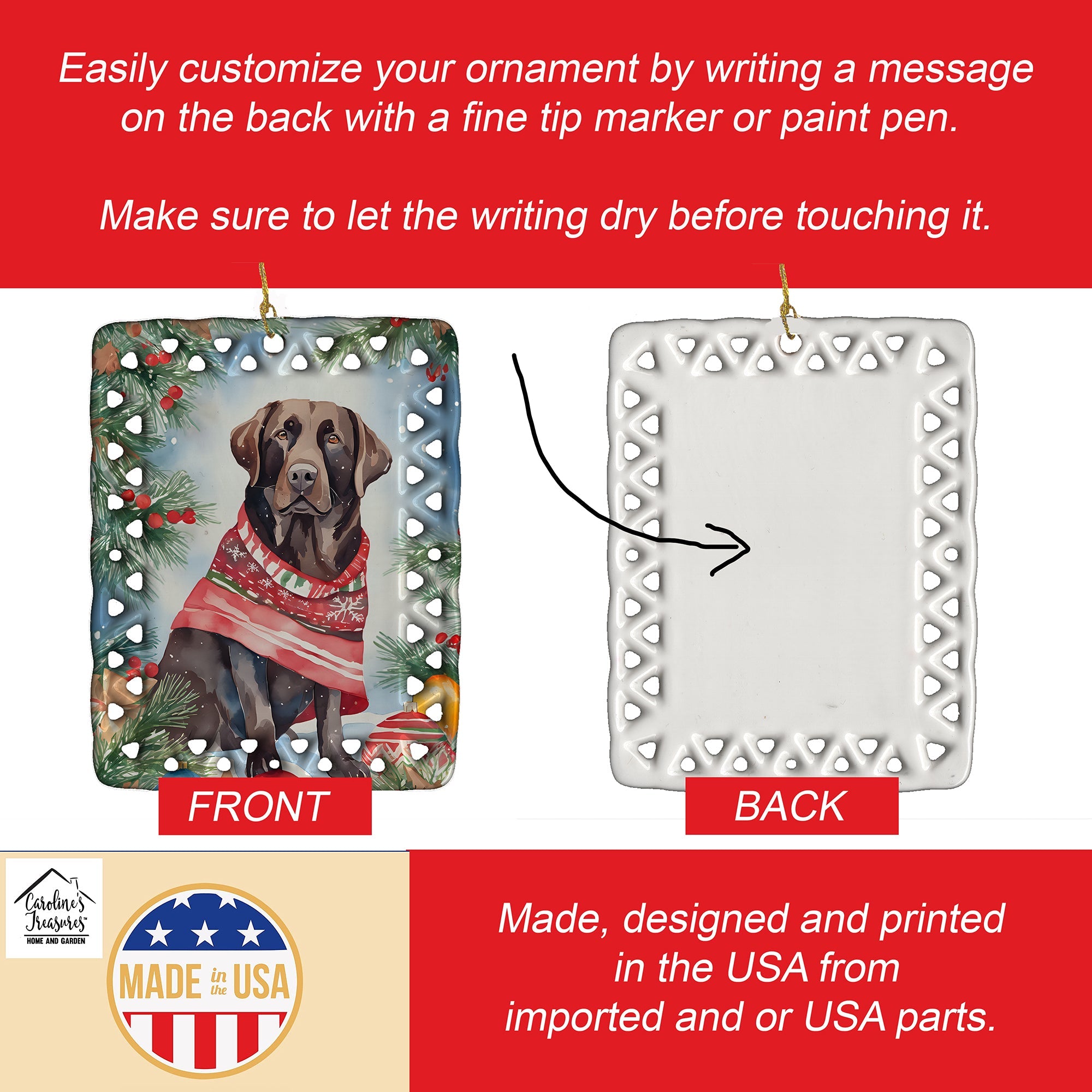 Chocolate Labrador Retriever Christmas Porcelain Ornament Christmas Tree Hanging Decorations for Home Christmas Holiday, Rectangle, Gift, Multicolor