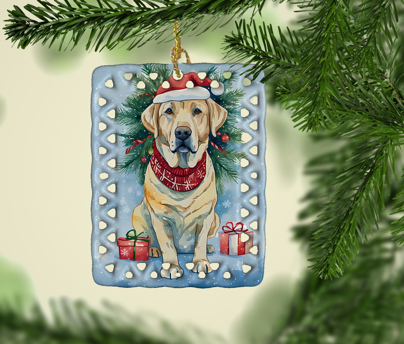 Yellow Labrador Retriever Christmas Porcelain Ornament Christmas Tree Hanging Decorations for Home Christmas Holiday, Rectangle, Gift, Multicolor