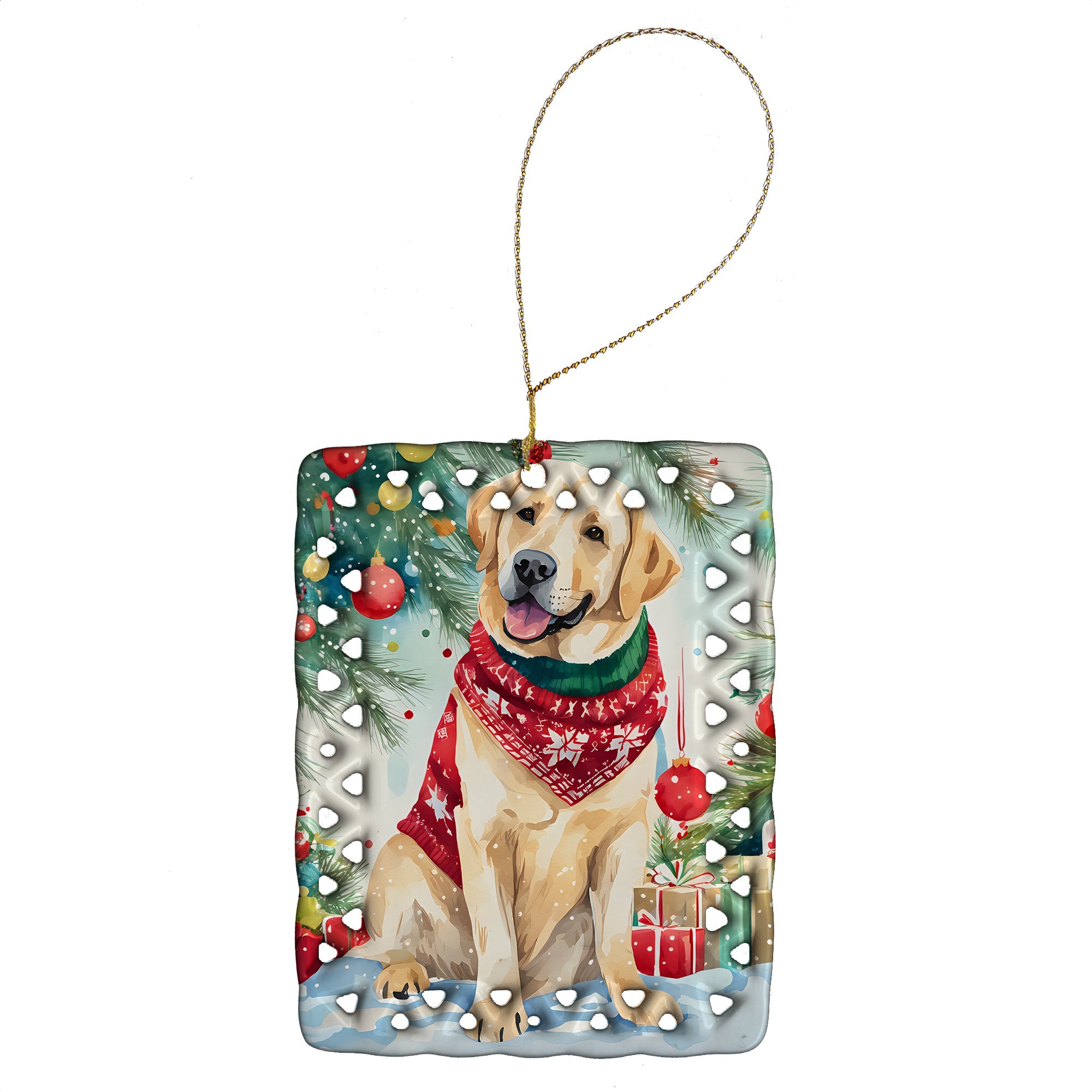 Yellow Labrador Retriever Christmas Porcelain Ornament Christmas Tree Hanging Decorations for Home Christmas Holiday, Rectangle, Gift, Multicolor