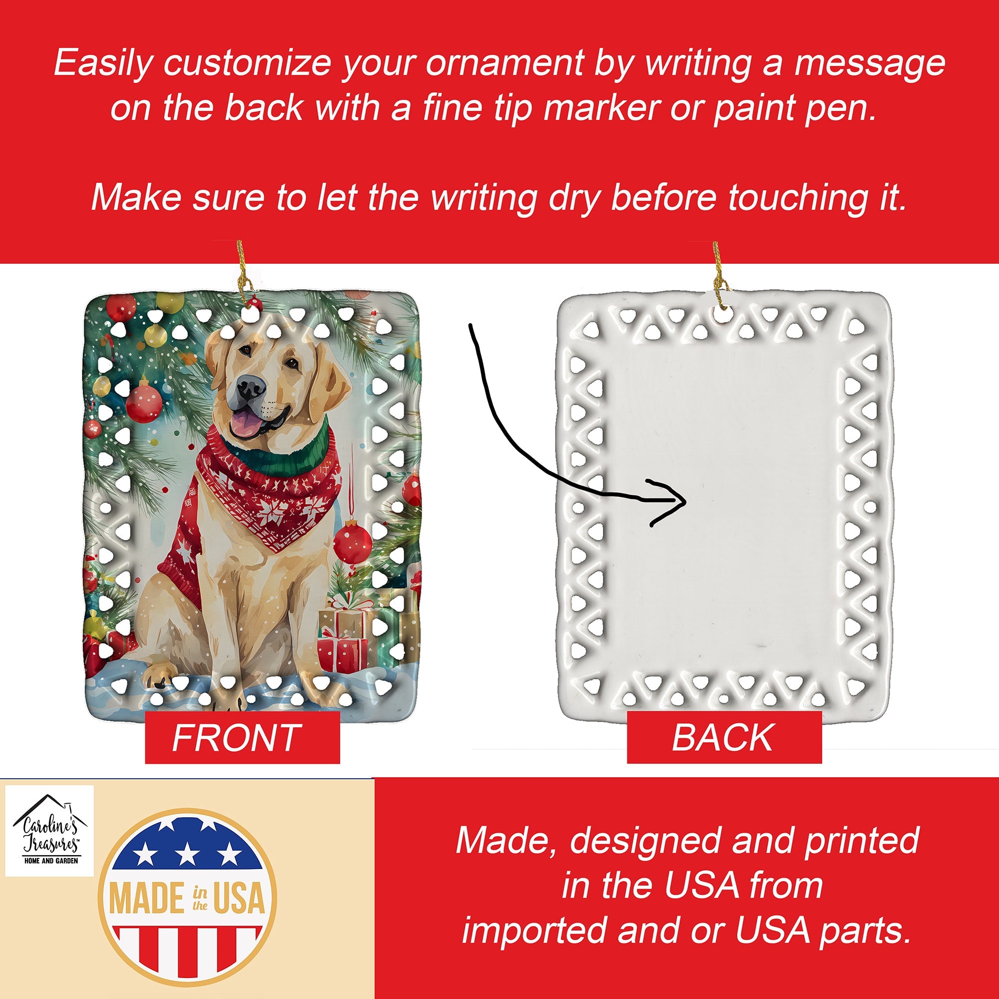 Yellow Labrador Retriever Christmas Porcelain Ornament Christmas Tree Hanging Decorations for Home Christmas Holiday, Rectangle, Gift, Multicolor