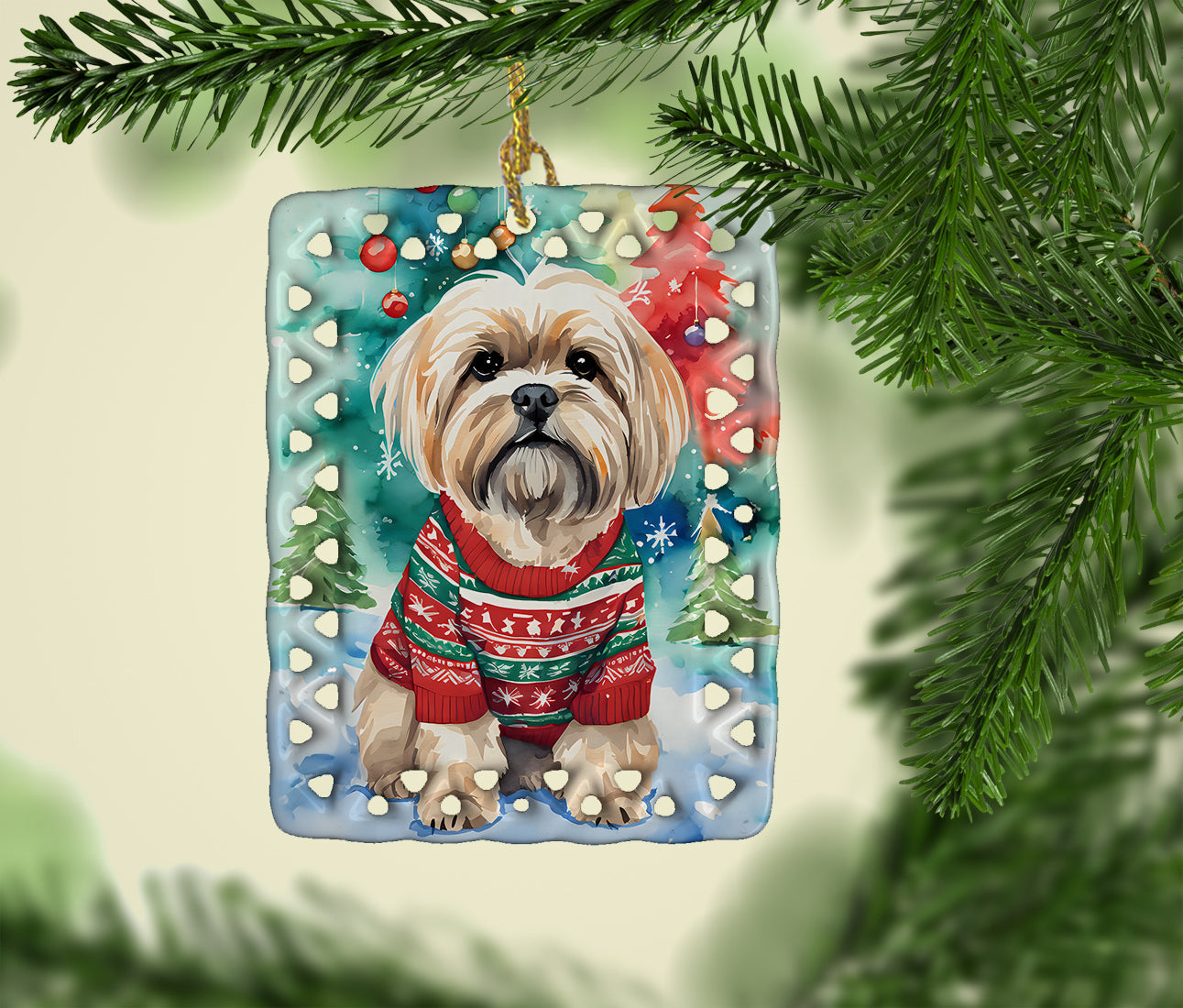 Lhasa Apso Christmas Porcelain Ornament Christmas Tree Hanging Decorations for Home Christmas Holiday, Rectangle, Gift, Multicolor