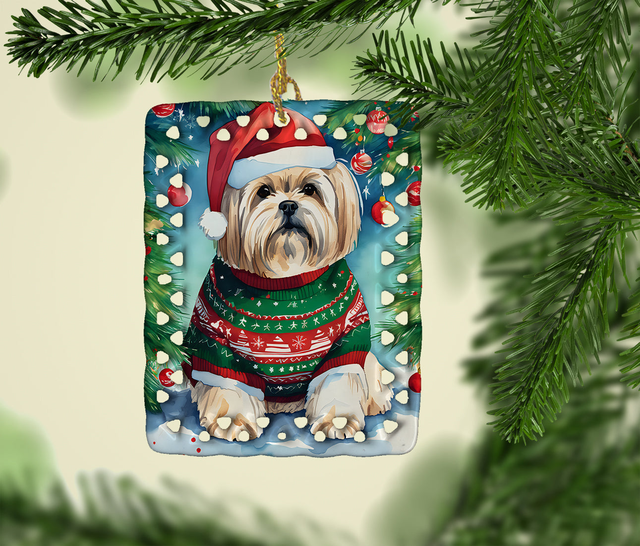 Lhasa Apso Christmas Porcelain Ornament Christmas Tree Hanging Decorations for Home Christmas Holiday, Rectangle, Gift, Multicolor