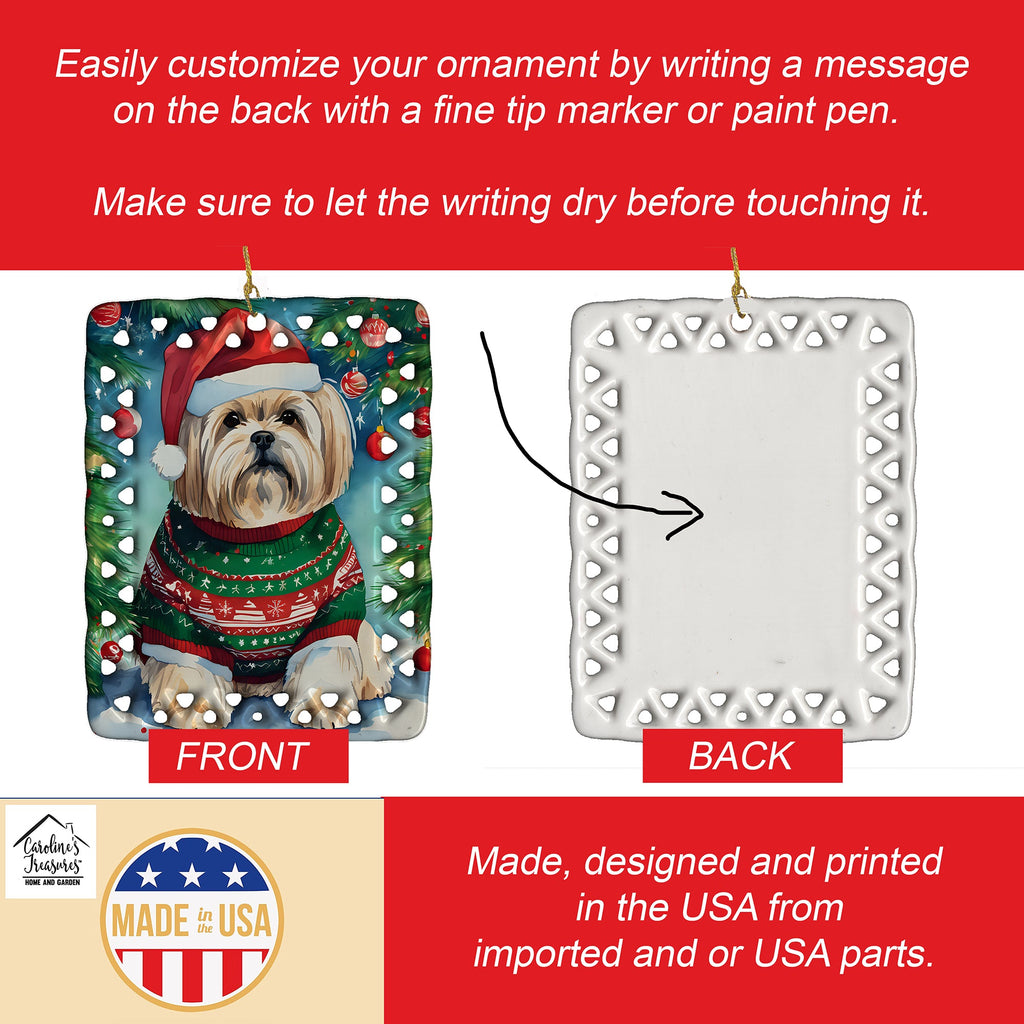 Lhasa Apso Christmas Porcelain Ornament Christmas Tree Hanging Decorations for Home Christmas Holiday, Rectangle, Gift, Multicolor