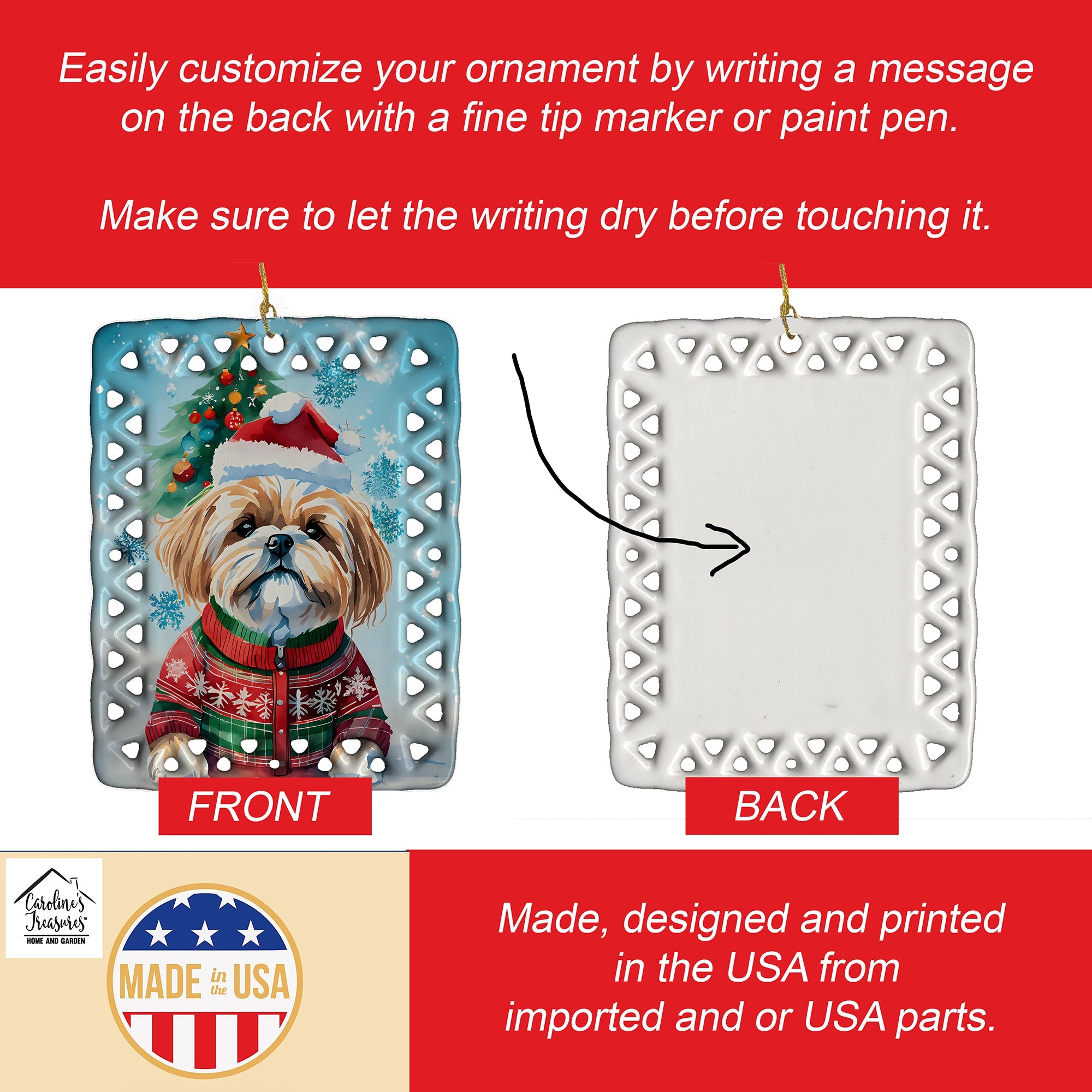 Lhasa Apso Christmas Porcelain Ornament Christmas Tree Hanging Decorations for Home Christmas Holiday, Rectangle, Gift, Multicolor