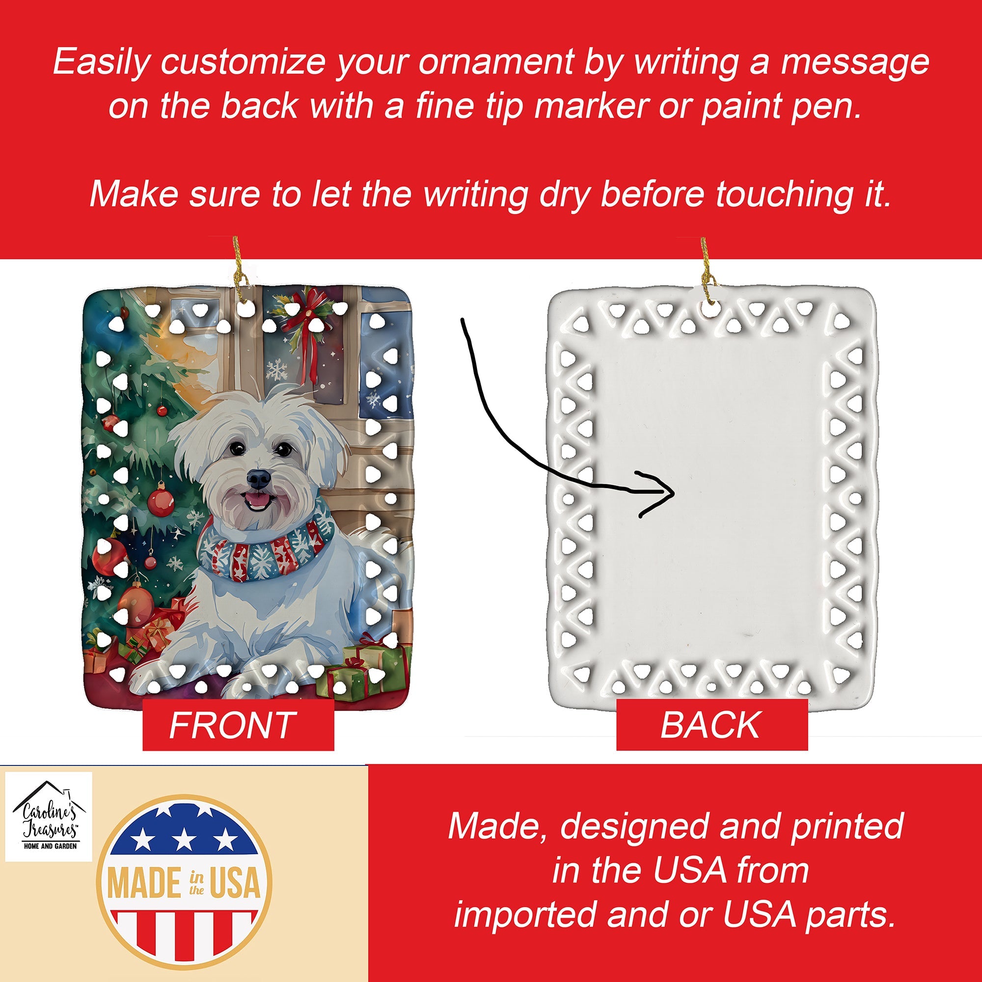 Maltese Christmas Porcelain Ornament Christmas Tree Hanging Decorations for Home Christmas Holiday, Rectangle, Gift, Multicolor