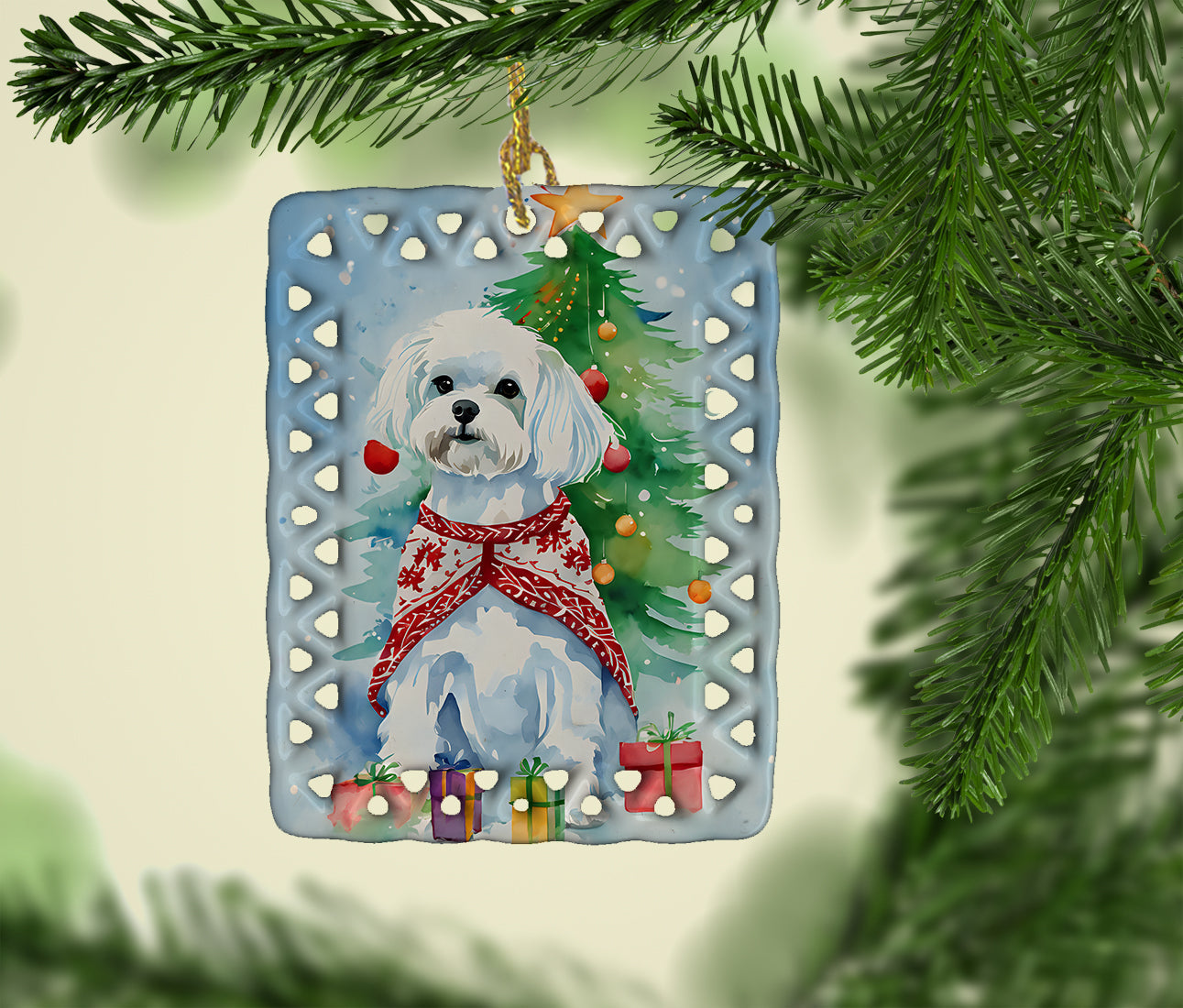 Maltese Christmas Porcelain Ornament Christmas Tree Hanging Decorations for Home Christmas Holiday, Rectangle, Gift, Multicolor