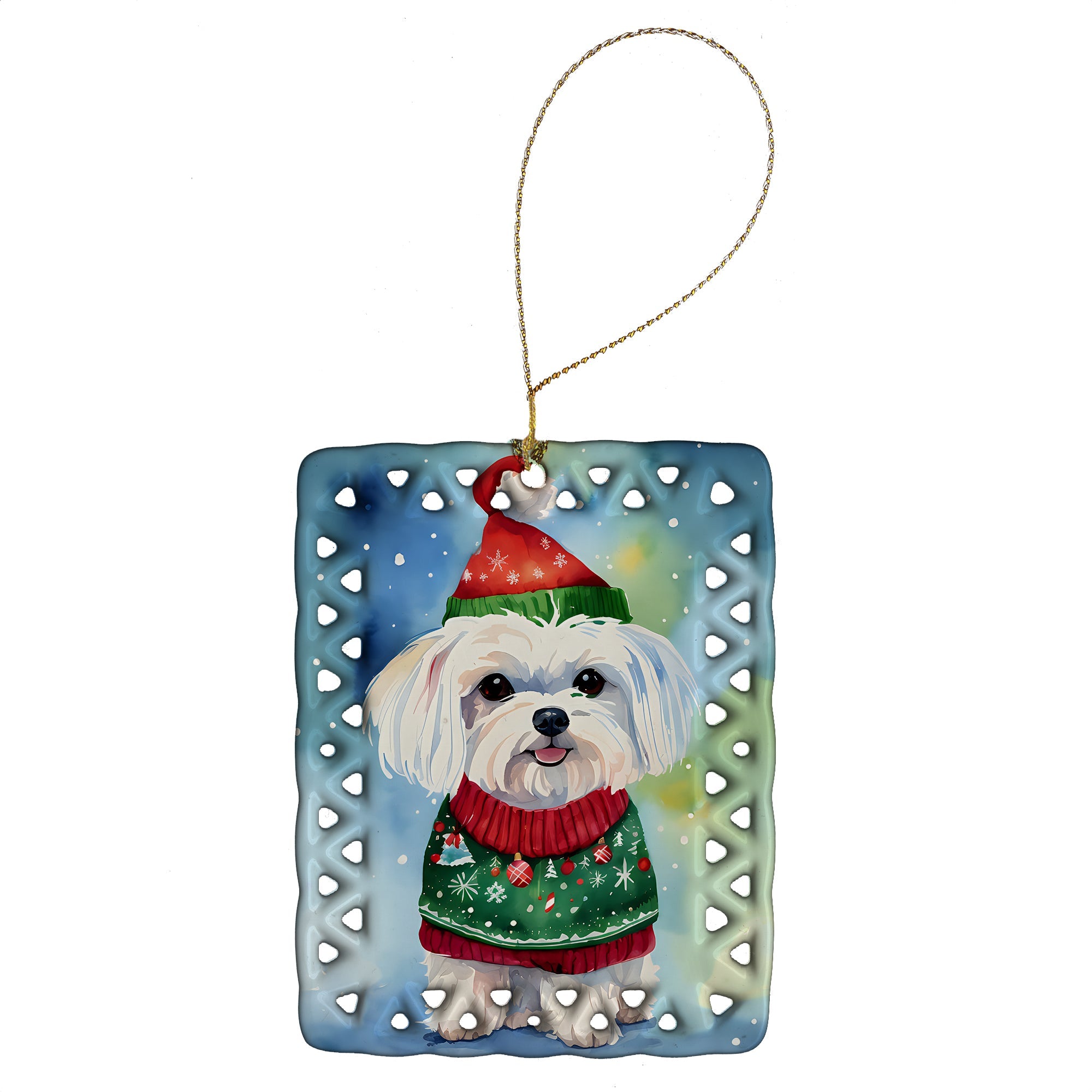 Maltese Christmas Porcelain Ornament Christmas Tree Hanging Decorations for Home Christmas Holiday, Rectangle, Gift, Multicolor