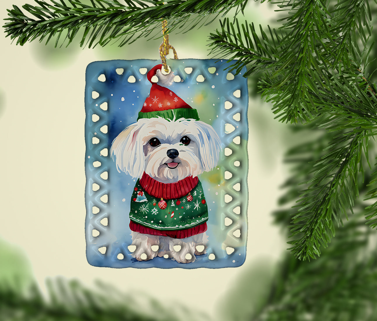 Maltese Christmas Porcelain Ornament Christmas Tree Hanging Decorations for Home Christmas Holiday, Rectangle, Gift, Multicolor