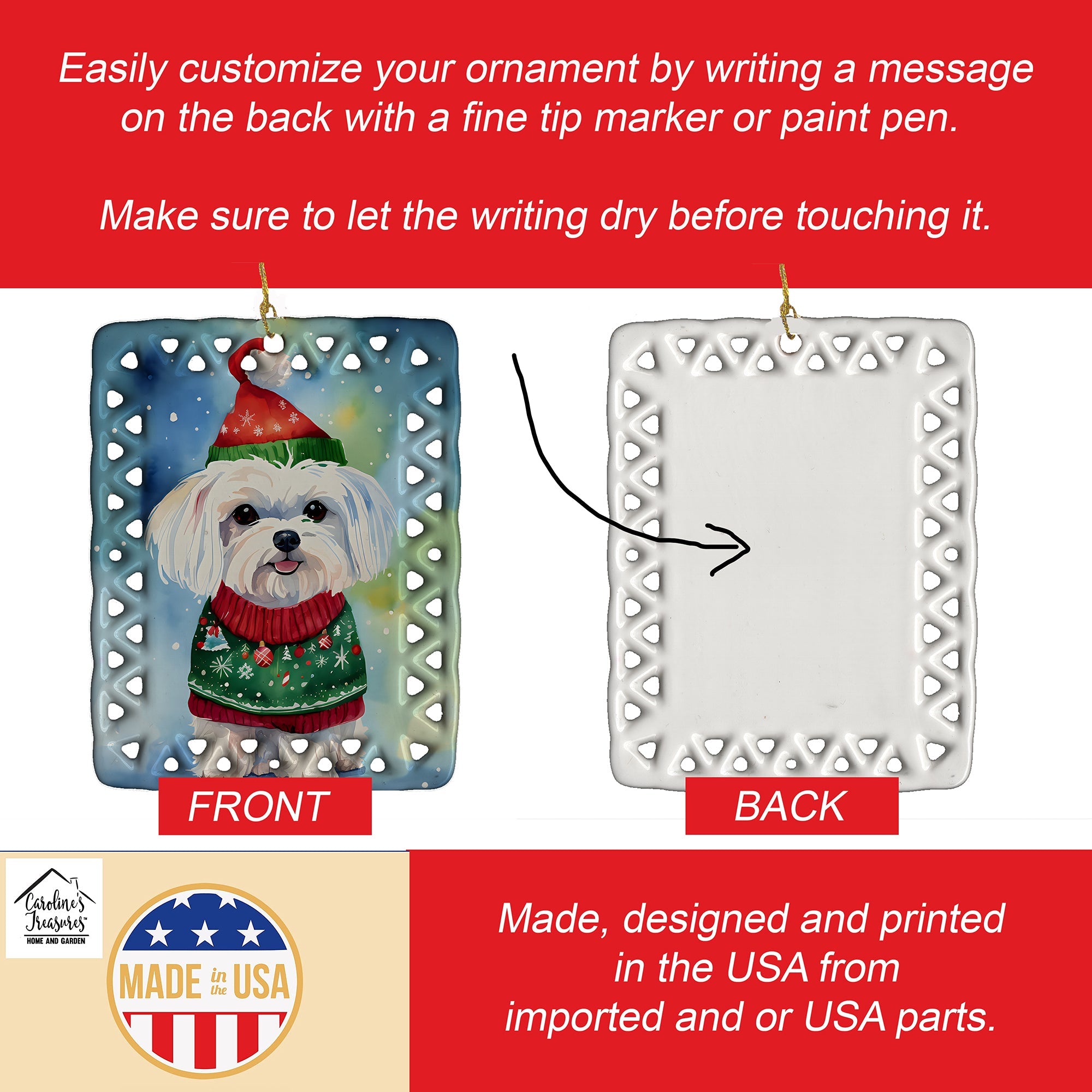 Maltese Christmas Porcelain Ornament Christmas Tree Hanging Decorations for Home Christmas Holiday, Rectangle, Gift, Multicolor