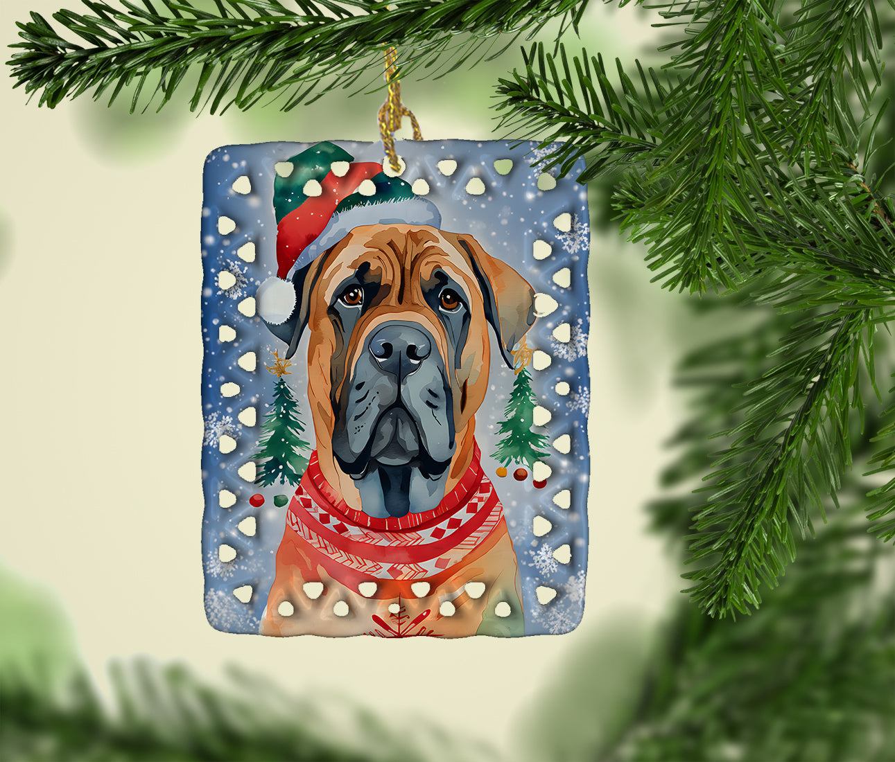 Mastiff Christmas Porcelain Ornament Christmas Tree Hanging Decorations for Home Christmas Holiday, Rectangle, Gift, Multicolor