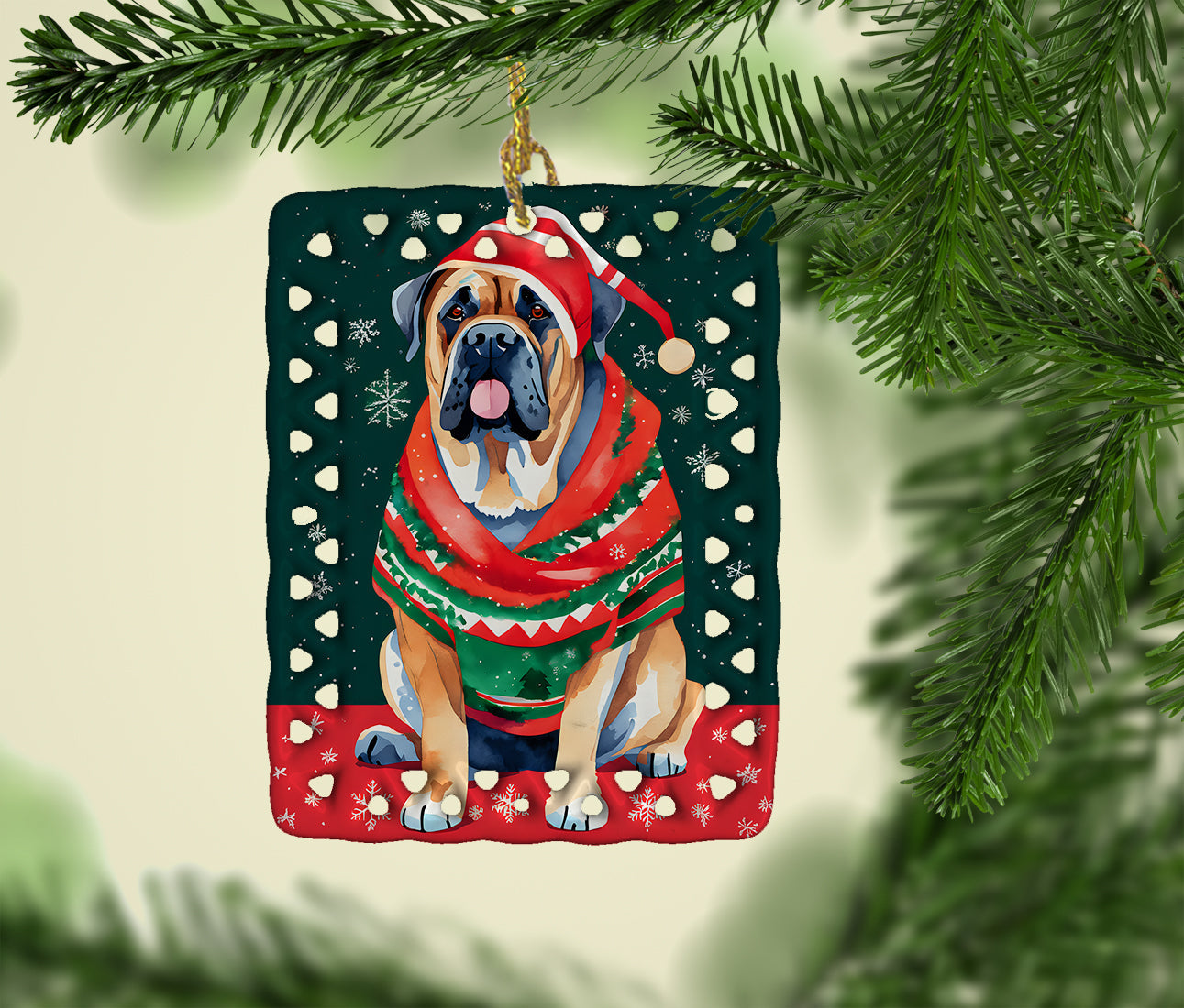 Mastiff Christmas Porcelain Ornament Christmas Tree Hanging Decorations for Home Christmas Holiday, Rectangle, Gift, Multicolor