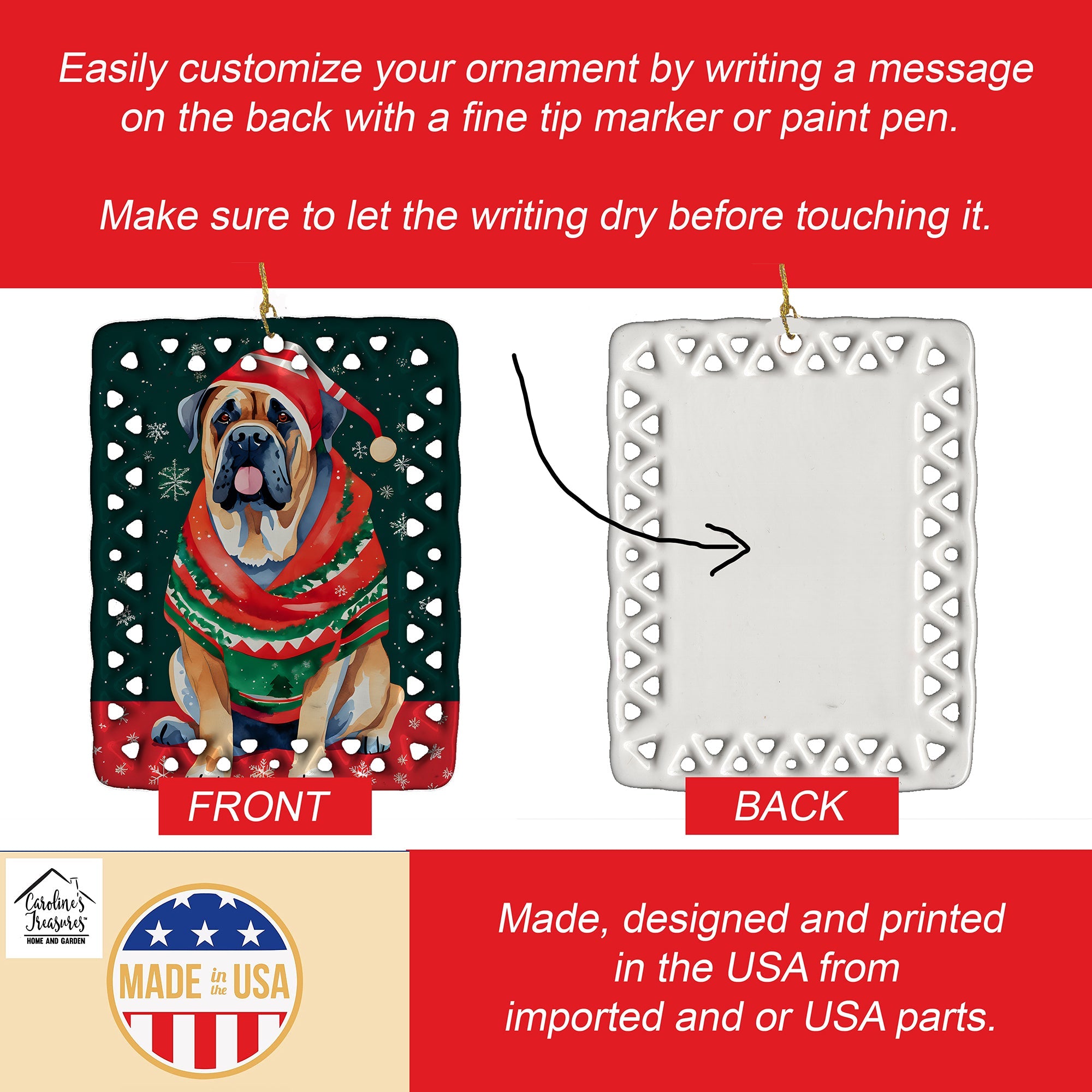 Mastiff Christmas Porcelain Ornament Christmas Tree Hanging Decorations for Home Christmas Holiday, Rectangle, Gift, Multicolor