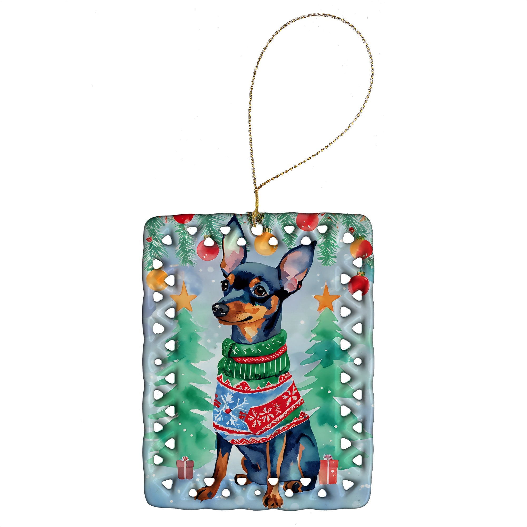 Miniature Pinscher Christmas Porcelain Ornament Christmas Tree Hanging Decorations for Home Christmas Holiday, Rectangle, Gift, Multicolor