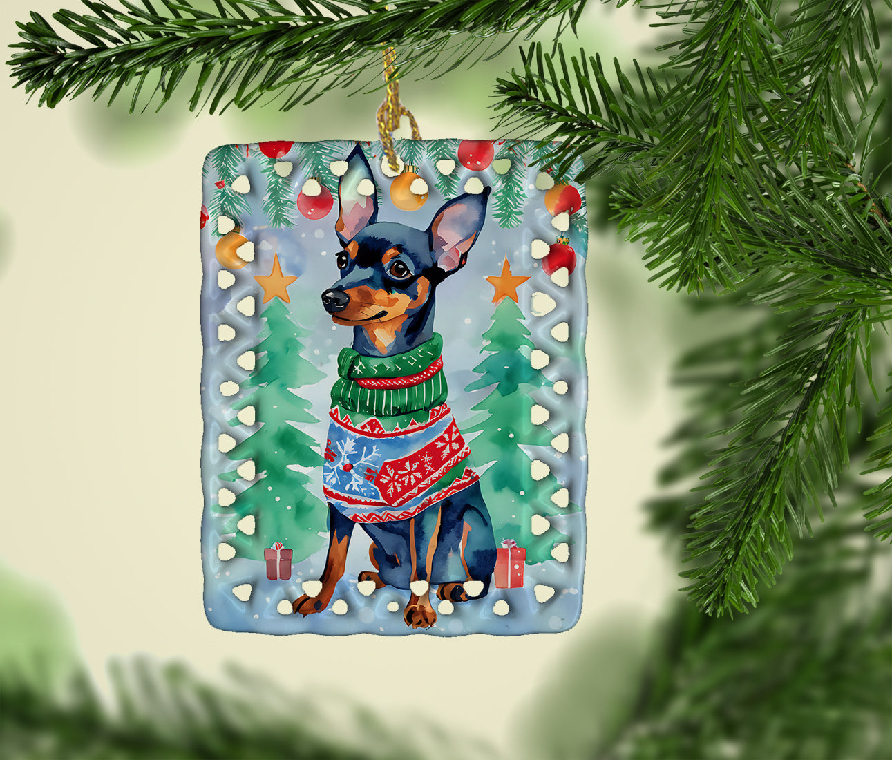Miniature Pinscher Christmas Porcelain Ornament Christmas Tree Hanging Decorations for Home Christmas Holiday, Rectangle, Gift, Multicolor