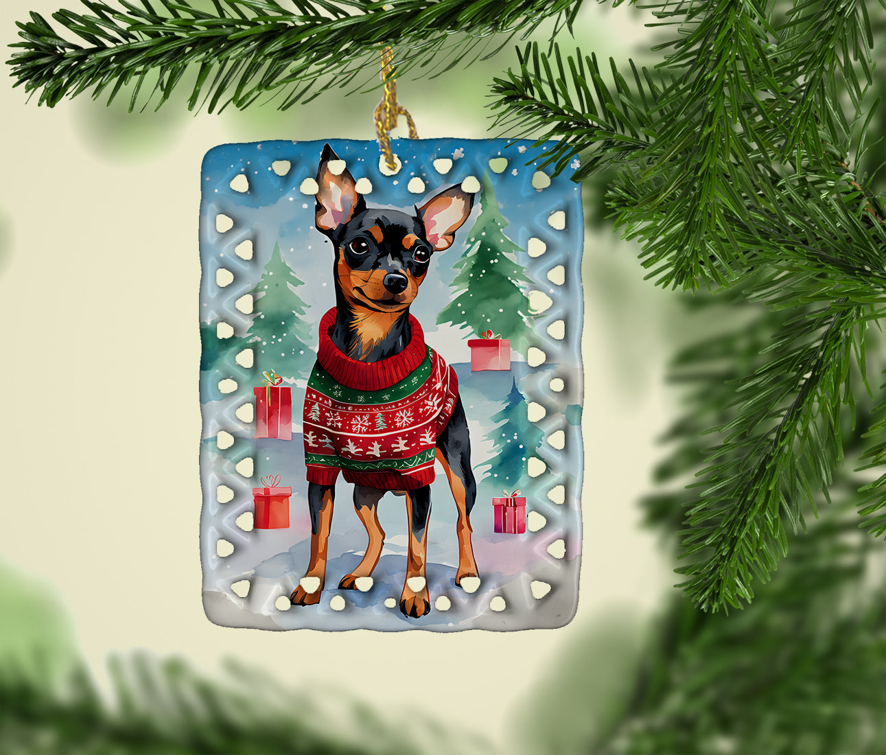 Miniature Pinscher Christmas Porcelain Ornament Christmas Tree Hanging Decorations for Home Christmas Holiday, Rectangle, Gift, Multicolor