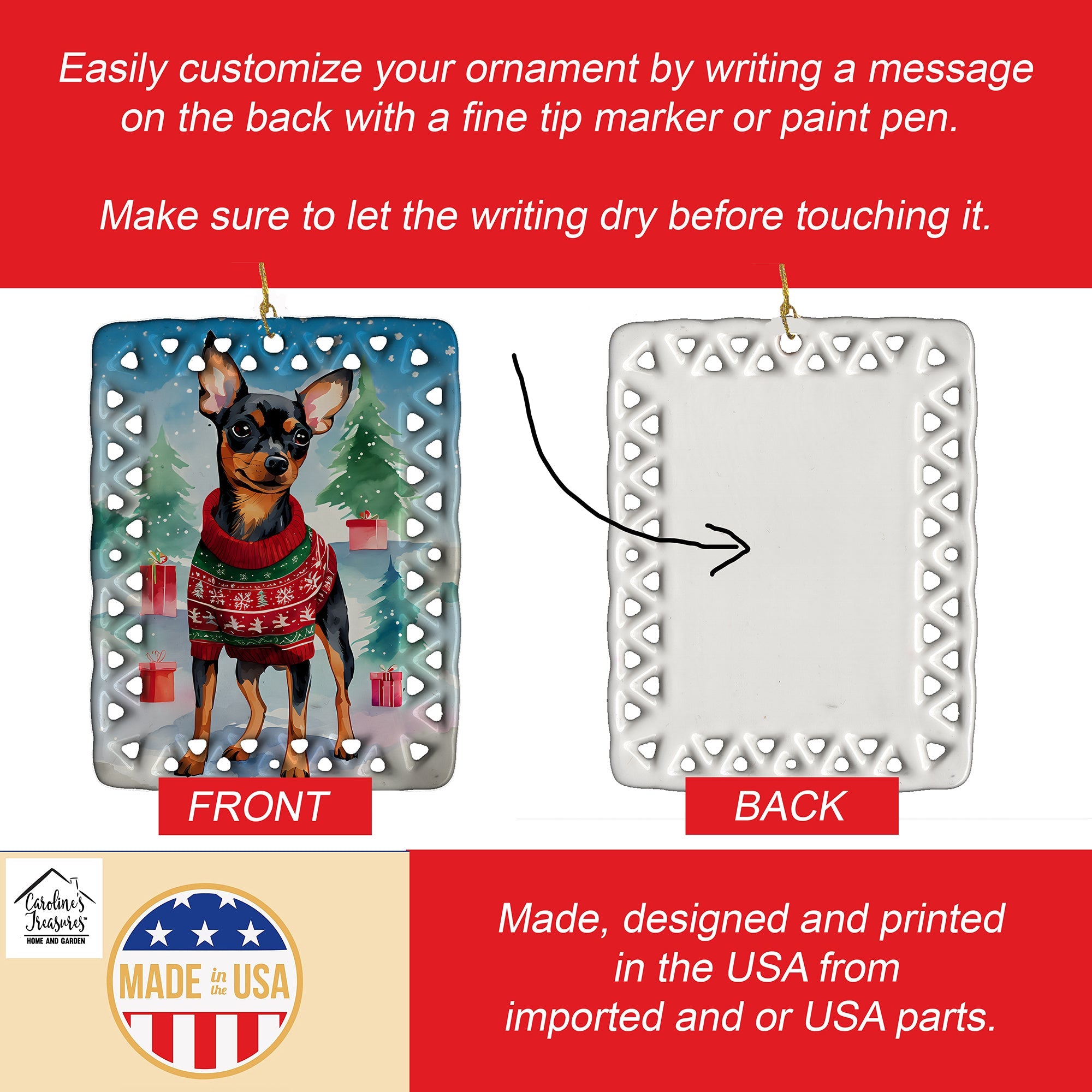 Miniature Pinscher Christmas Porcelain Ornament Christmas Tree Hanging Decorations for Home Christmas Holiday, Rectangle, Gift, Multicolor