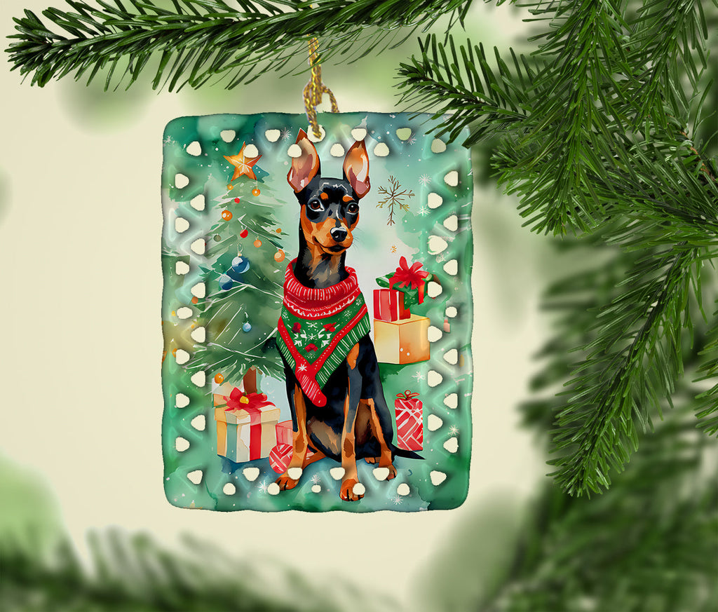 Miniature Pinscher Christmas Porcelain Ornament Christmas Tree Hanging Decorations for Home Christmas Holiday, Rectangle, Gift, Multicolor