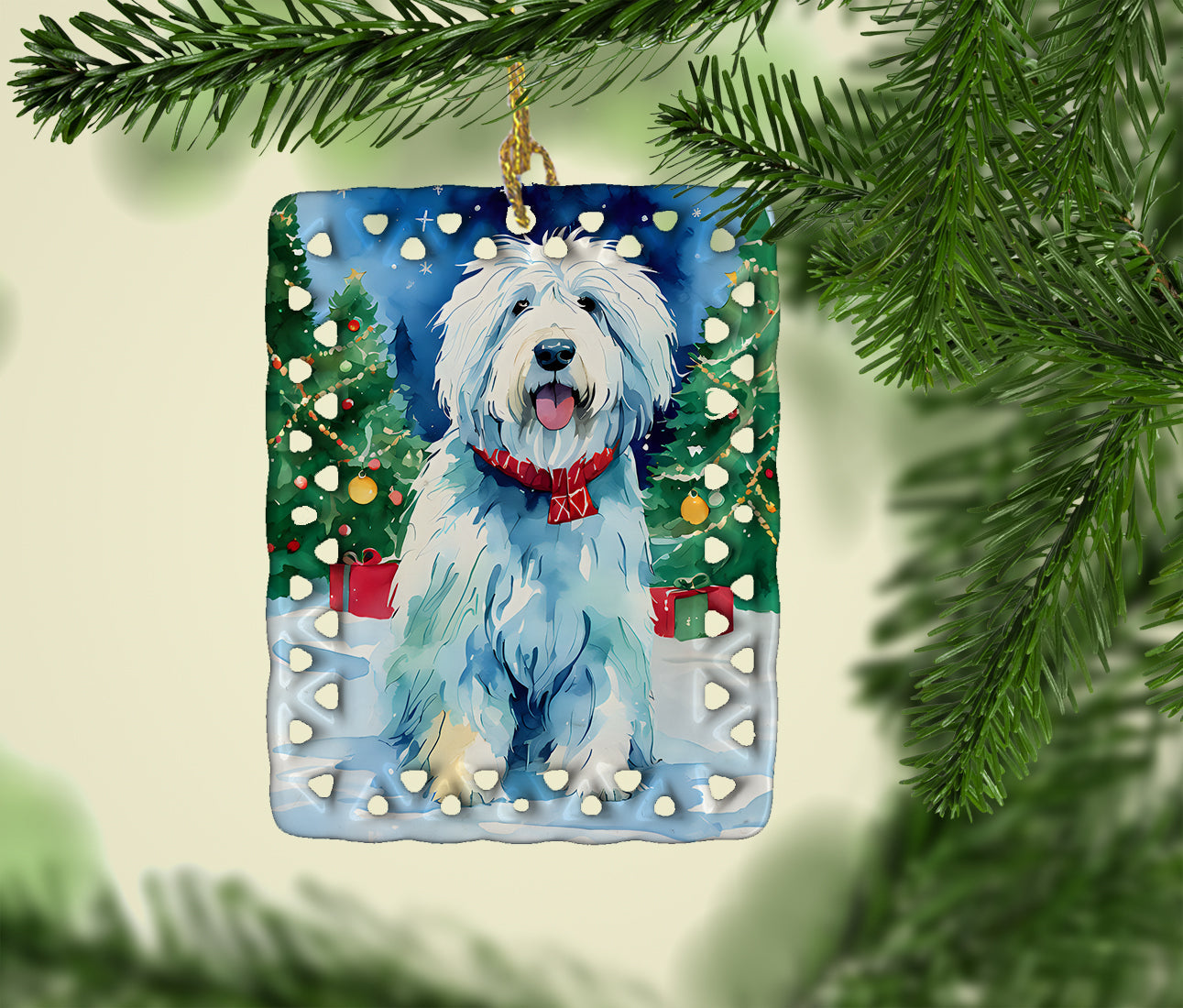 Old English Sheepdog Christmas Porcelain Ornament Christmas Tree Hanging Decorations for Home Christmas Holiday, Rectangle, Gift, Multicolor