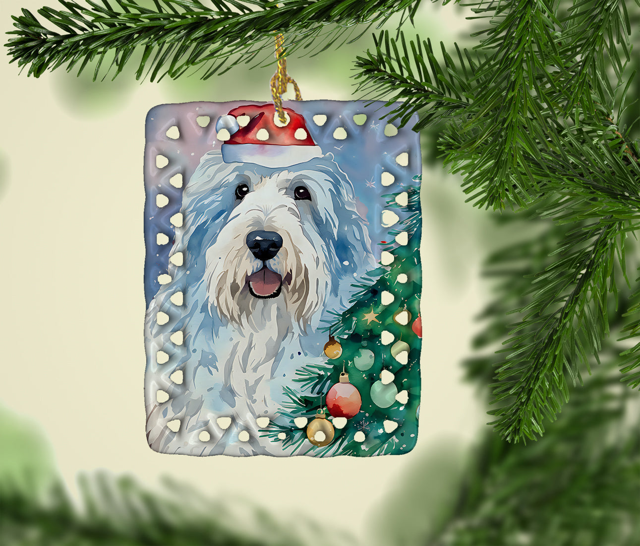 Old English Sheepdog Christmas Porcelain Ornament Christmas Tree Hanging Decorations for Home Christmas Holiday, Rectangle, Gift, Multicolor