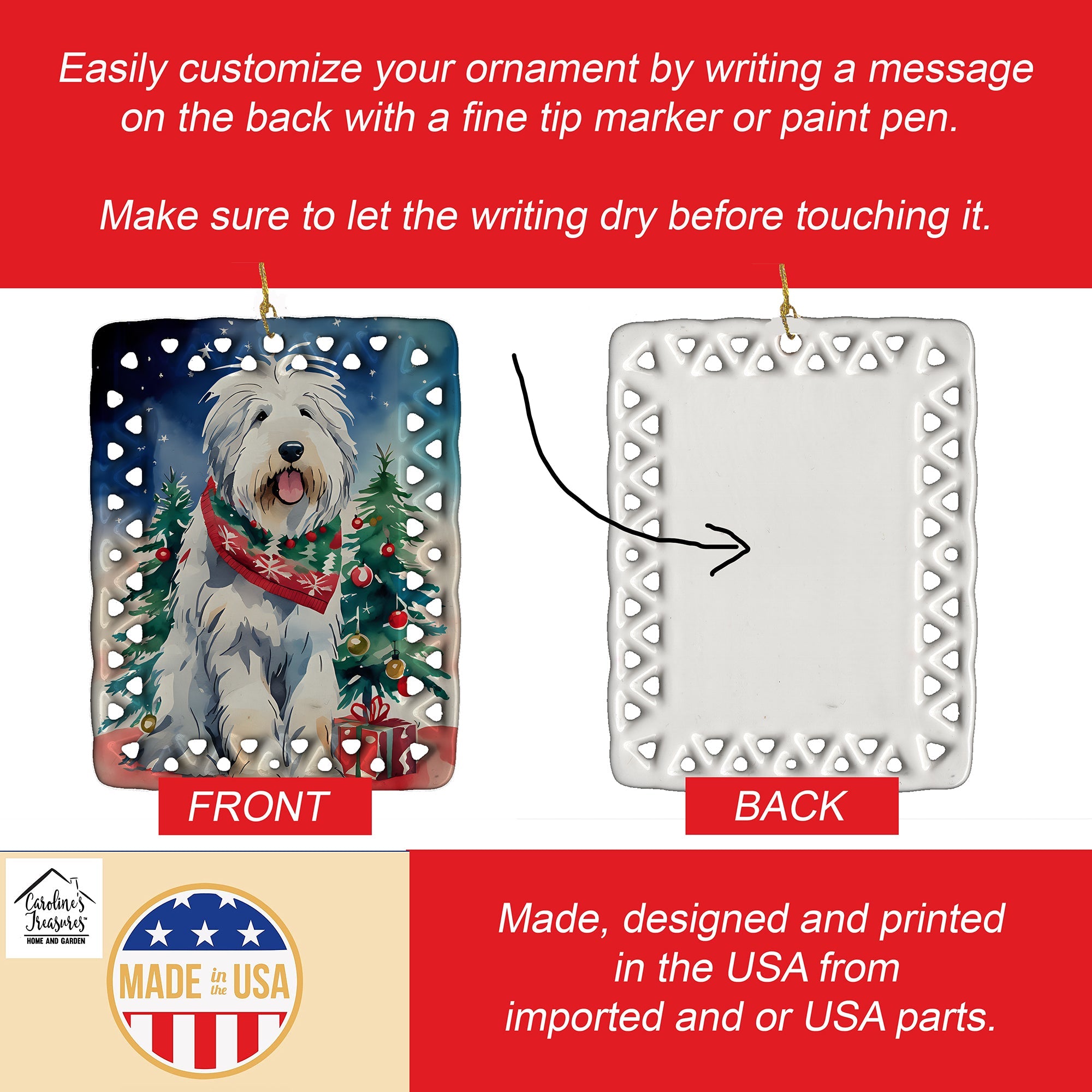 Old English Sheepdog Christmas Porcelain Ornament Christmas Tree Hanging Decorations for Home Christmas Holiday, Rectangle, Gift, Multicolor