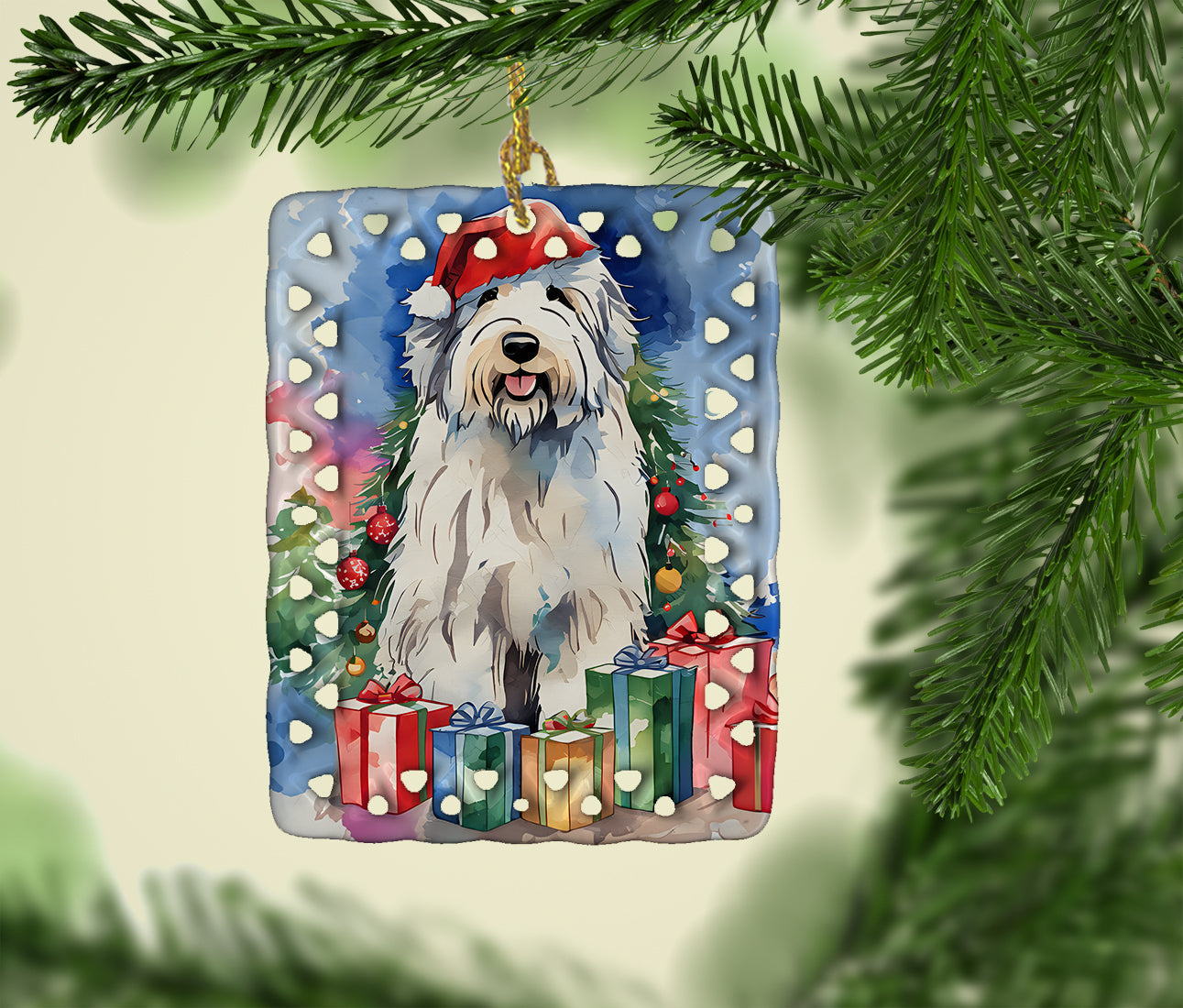 Old English Sheepdog Christmas Porcelain Ornament Christmas Tree Hanging Decorations for Home Christmas Holiday, Rectangle, Gift, Multicolor