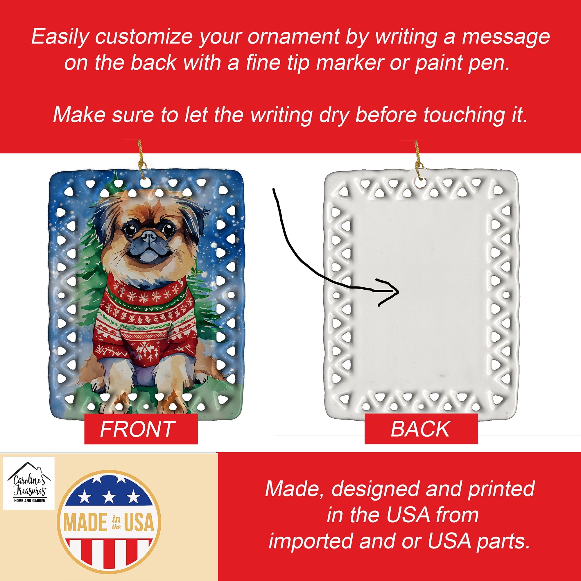 Pekingese Christmas Porcelain Ornament Christmas Tree Hanging Decorations for Home Christmas Holiday, Rectangle, Gift, Multicolor