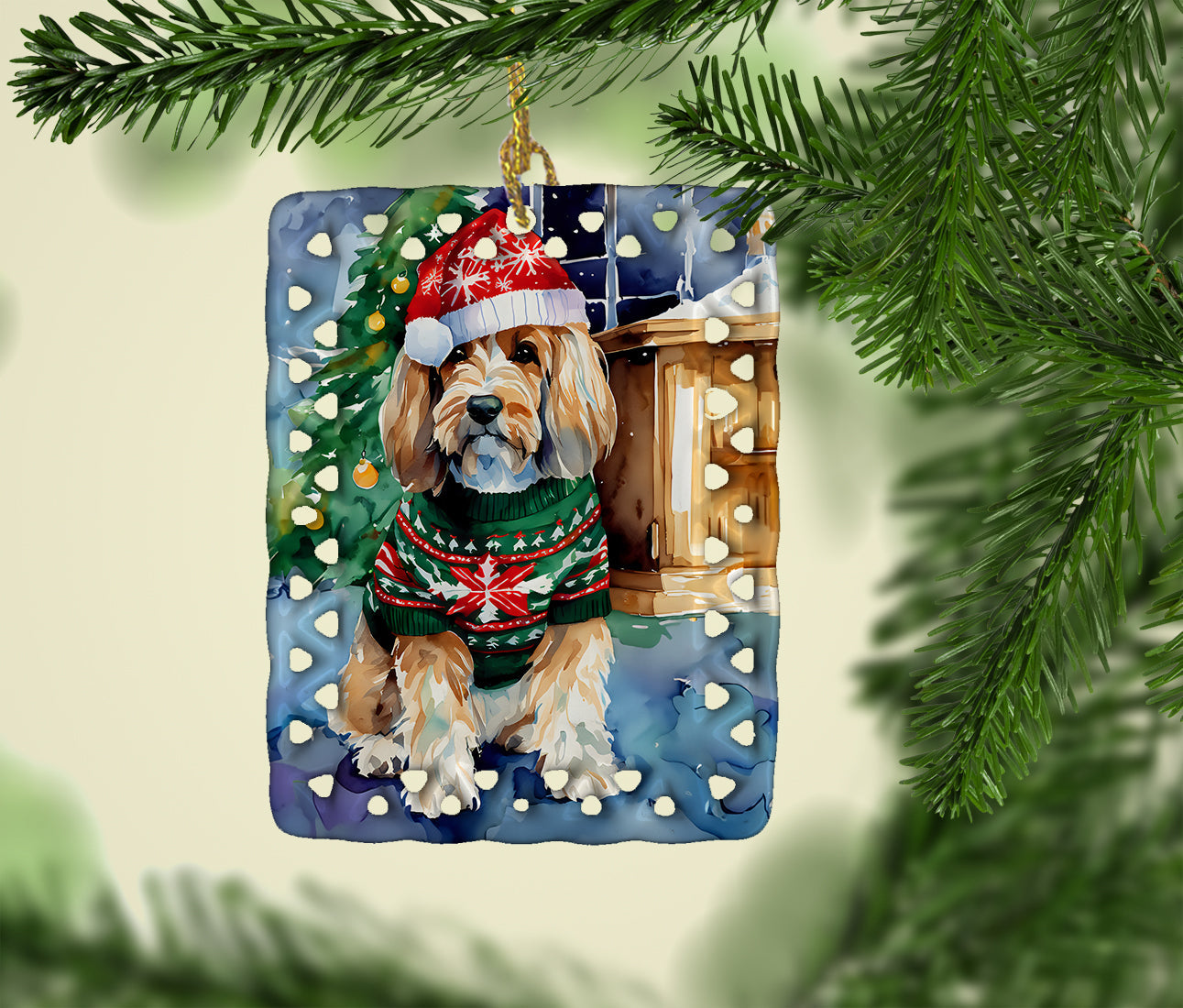 Petit Basset Griffon Vendeen Christmas Porcelain Ornament Christmas Tree Hanging Decorations for Home Christmas Holiday, Rectangle, Gift, Multicolor