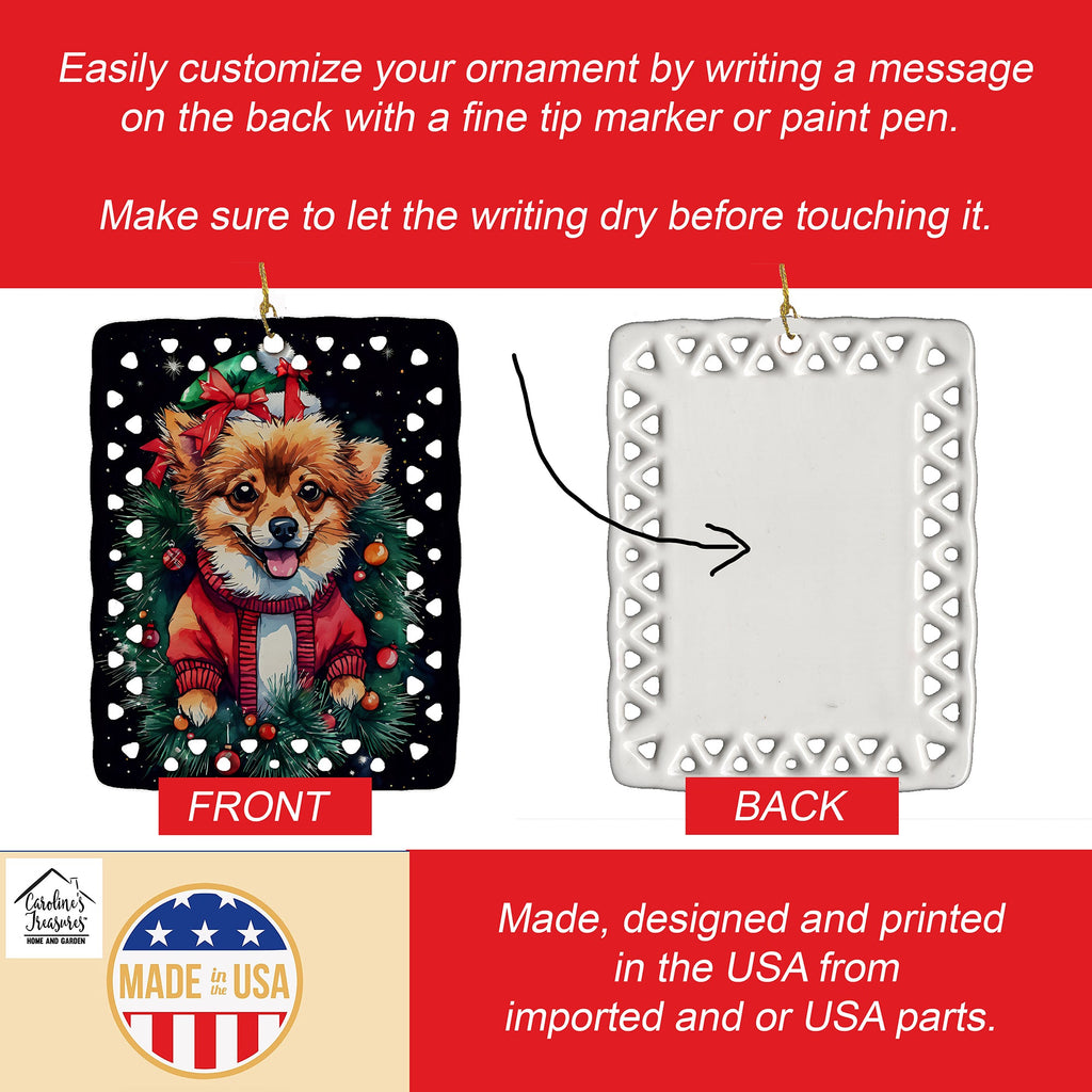 Pomeranian Christmas Porcelain Ornament Christmas Tree Hanging Decorations for Home Christmas Holiday, Rectangle, Gift, Multicolor
