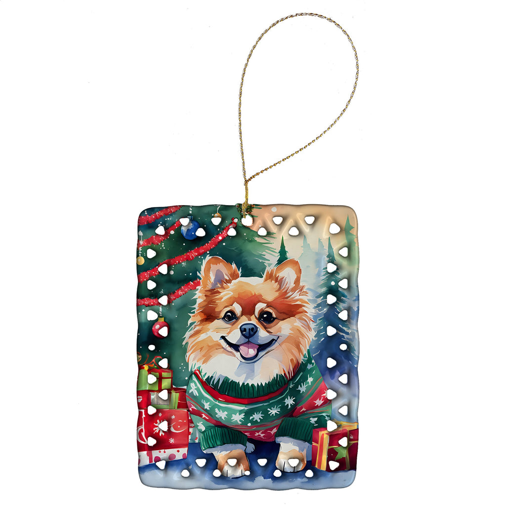 Pomeranian Christmas Porcelain Ornament Christmas Tree Hanging Decorations for Home Christmas Holiday, Rectangle, Gift, Multicolor