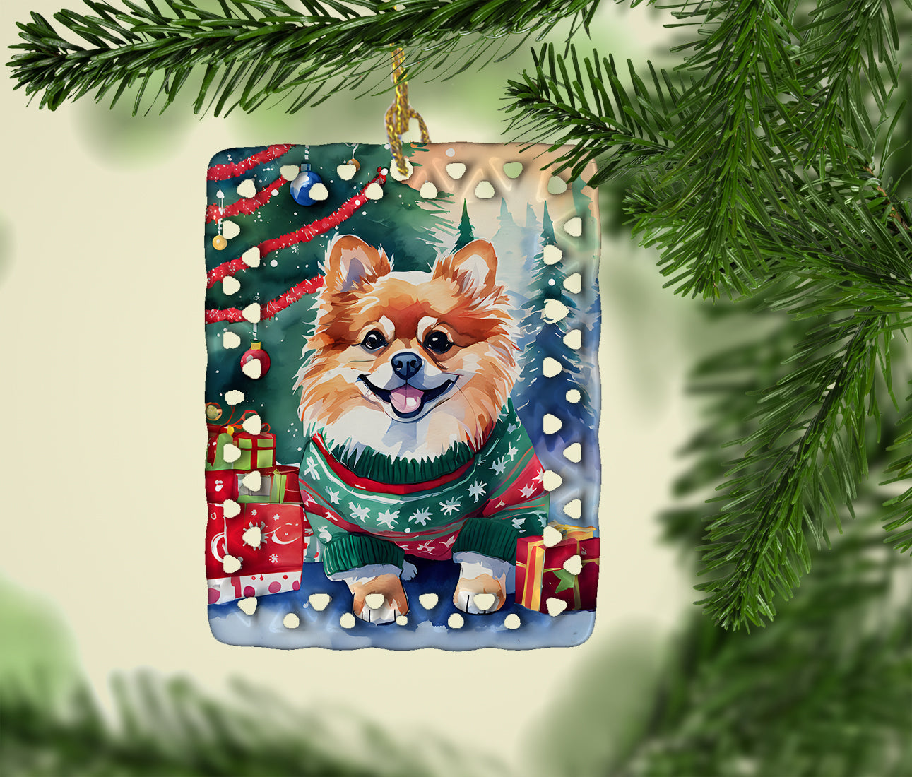 Pomeranian Christmas Porcelain Ornament Christmas Tree Hanging Decorations for Home Christmas Holiday, Rectangle, Gift, Multicolor