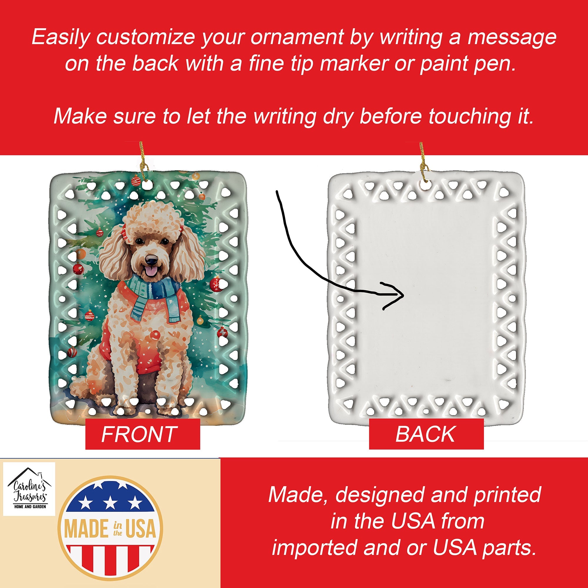 Poodle Christmas Porcelain Ornament Christmas Tree Hanging Decorations for Home Christmas Holiday, Rectangle, Gift, Multicolor