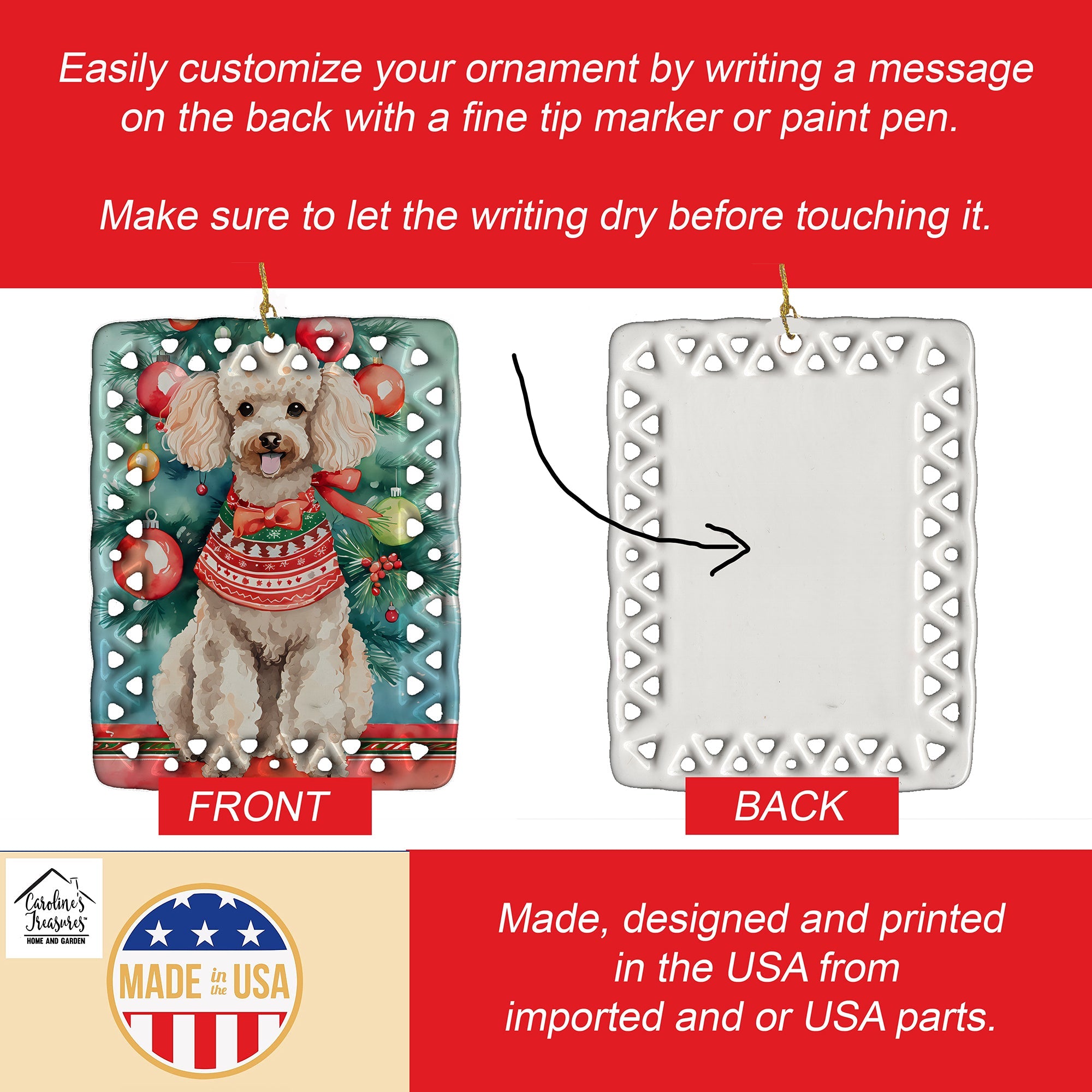 Poodle Christmas Porcelain Ornament Christmas Tree Hanging Decorations for Home Christmas Holiday, Rectangle, Gift, Multicolor