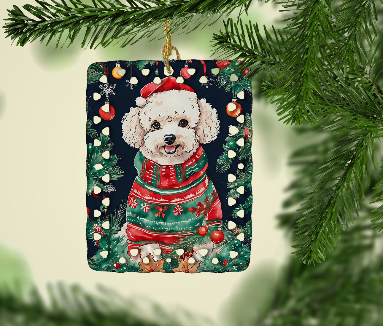 Poodle Christmas Porcelain Ornament Christmas Tree Hanging Decorations for Home Christmas Holiday, Rectangle, Gift, Multicolor