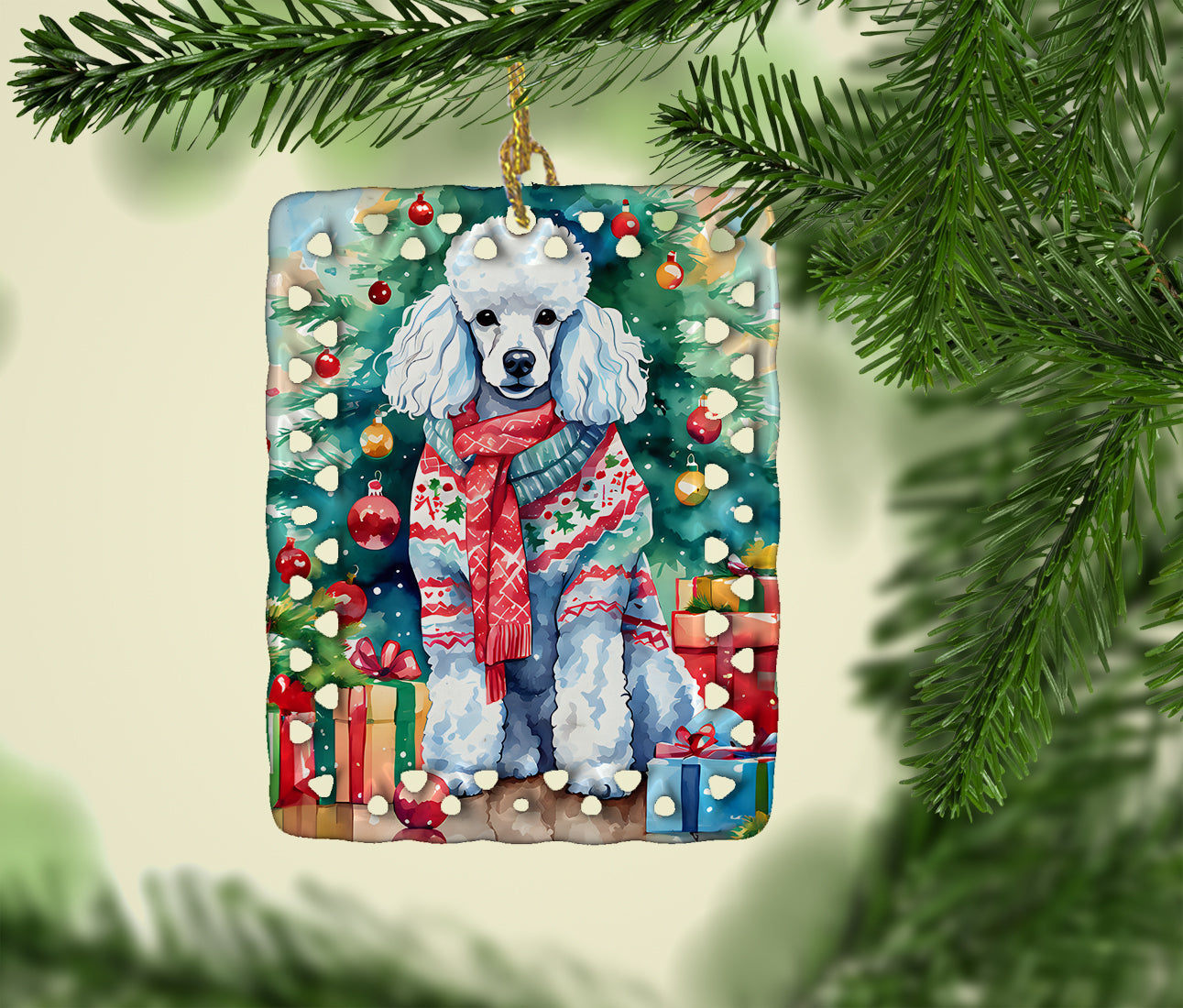 Poodle Christmas Porcelain Ornament Christmas Tree Hanging Decorations for Home Christmas Holiday, Rectangle, Gift, Multicolor