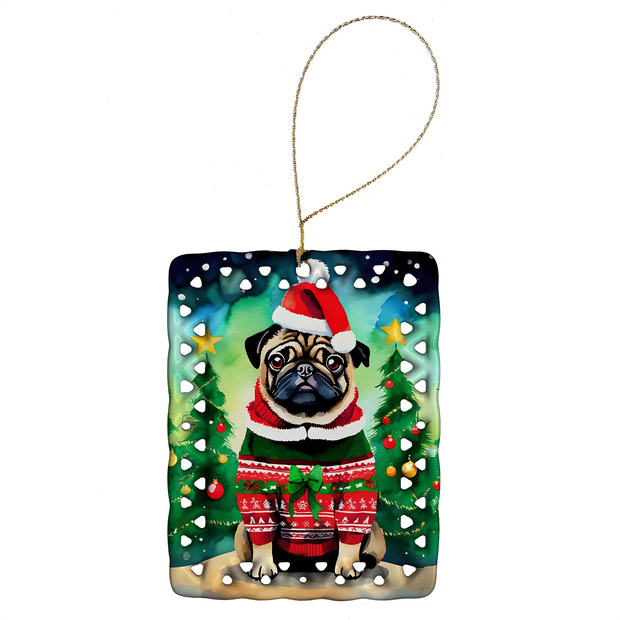 Pug Christmas Porcelain Ornament Christmas Tree Hanging Decorations for Home Christmas Holiday, Rectangle, Gift, Multicolor