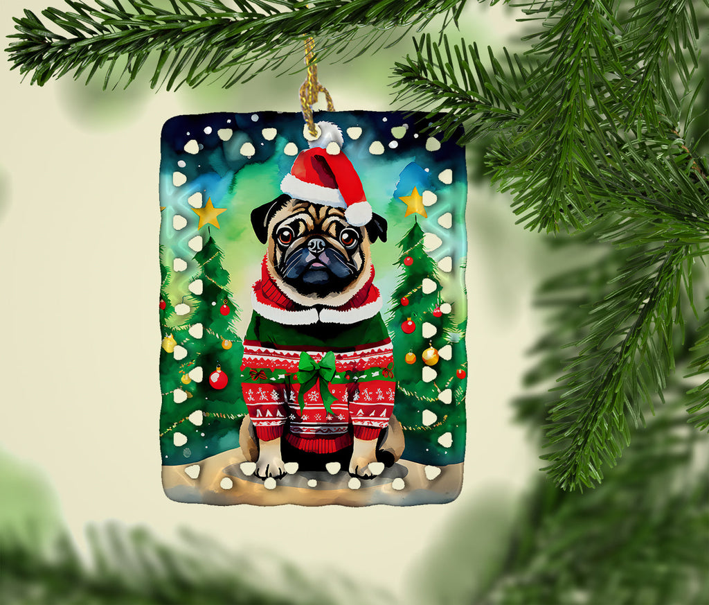 Pug Christmas Porcelain Ornament Christmas Tree Hanging Decorations for Home Christmas Holiday, Rectangle, Gift, Multicolor