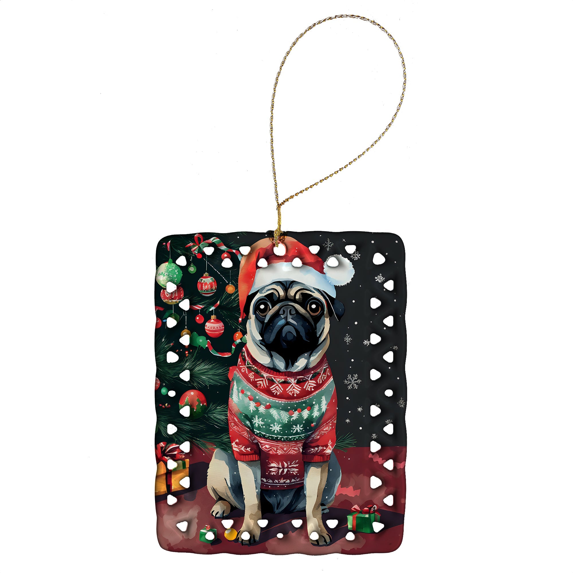 Pug Christmas Porcelain Ornament Christmas Tree Hanging Decorations for Home Christmas Holiday, Rectangle, Gift, Multicolor