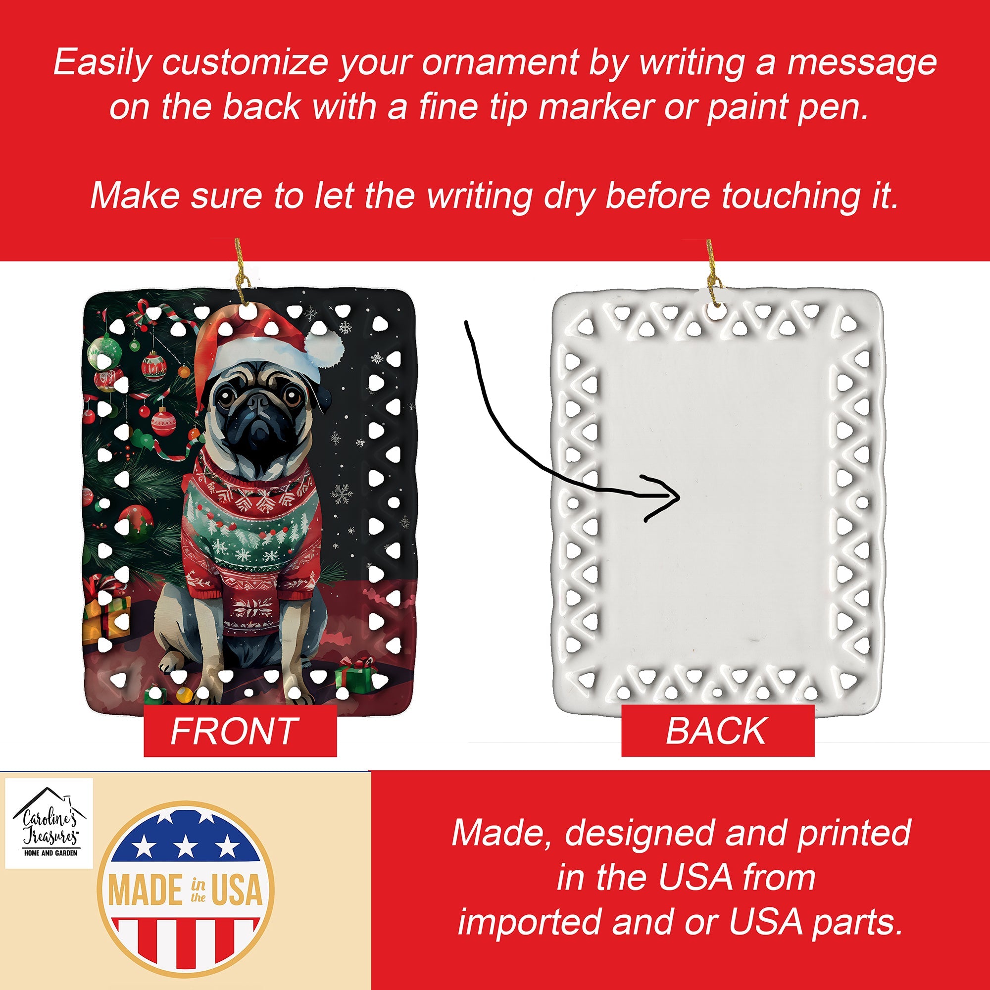 Pug Christmas Porcelain Ornament Christmas Tree Hanging Decorations for Home Christmas Holiday, Rectangle, Gift, Multicolor