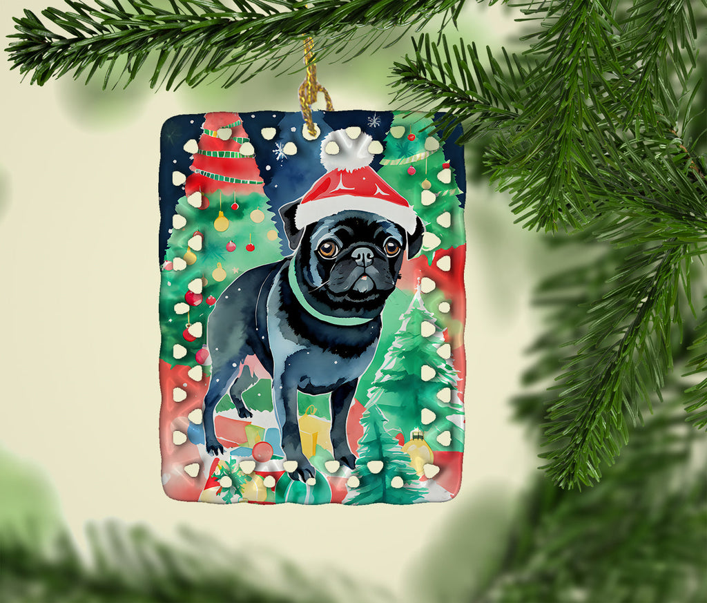 Pug Christmas Porcelain Ornament Christmas Tree Hanging Decorations for Home Christmas Holiday, Rectangle, Gift, Multicolor