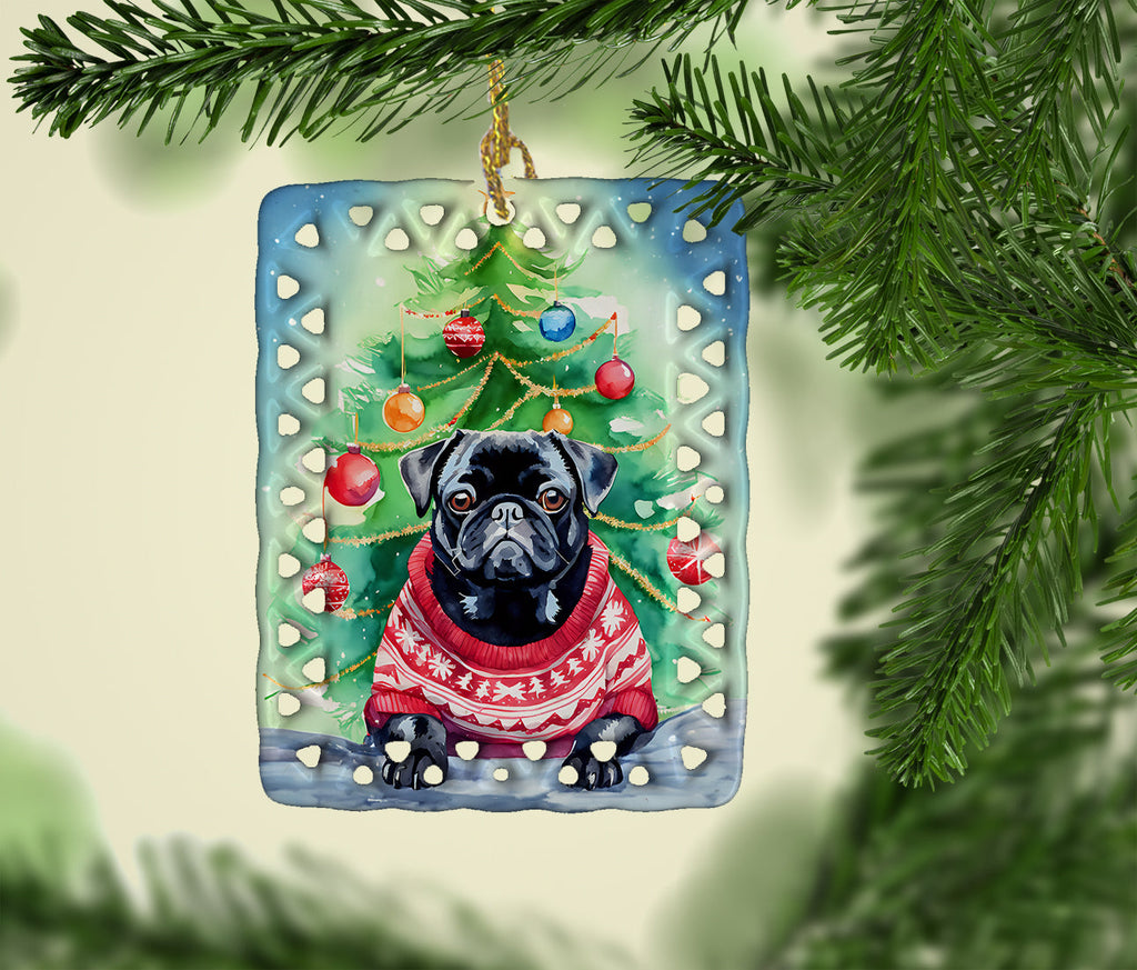 Pug Christmas Porcelain Ornament Christmas Tree Hanging Decorations for Home Christmas Holiday, Rectangle, Gift, Multicolor
