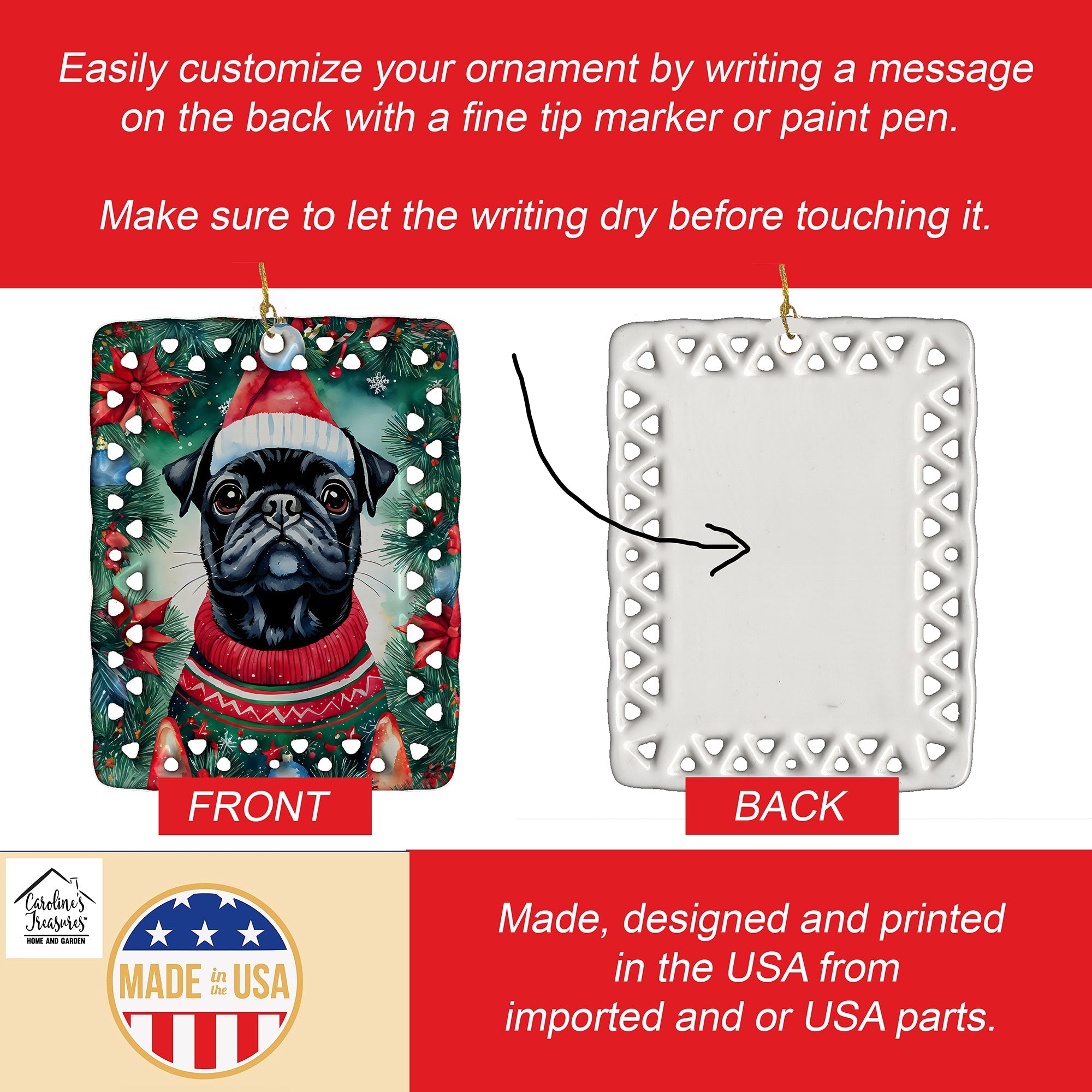 Pug Christmas Porcelain Ornament Christmas Tree Hanging Decorations for Home Christmas Holiday, Rectangle, Gift, Multicolor