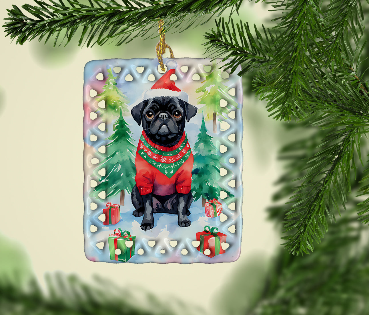 Pug Christmas Porcelain Ornament Christmas Tree Hanging Decorations for Home Christmas Holiday, Rectangle, Gift, Multicolor