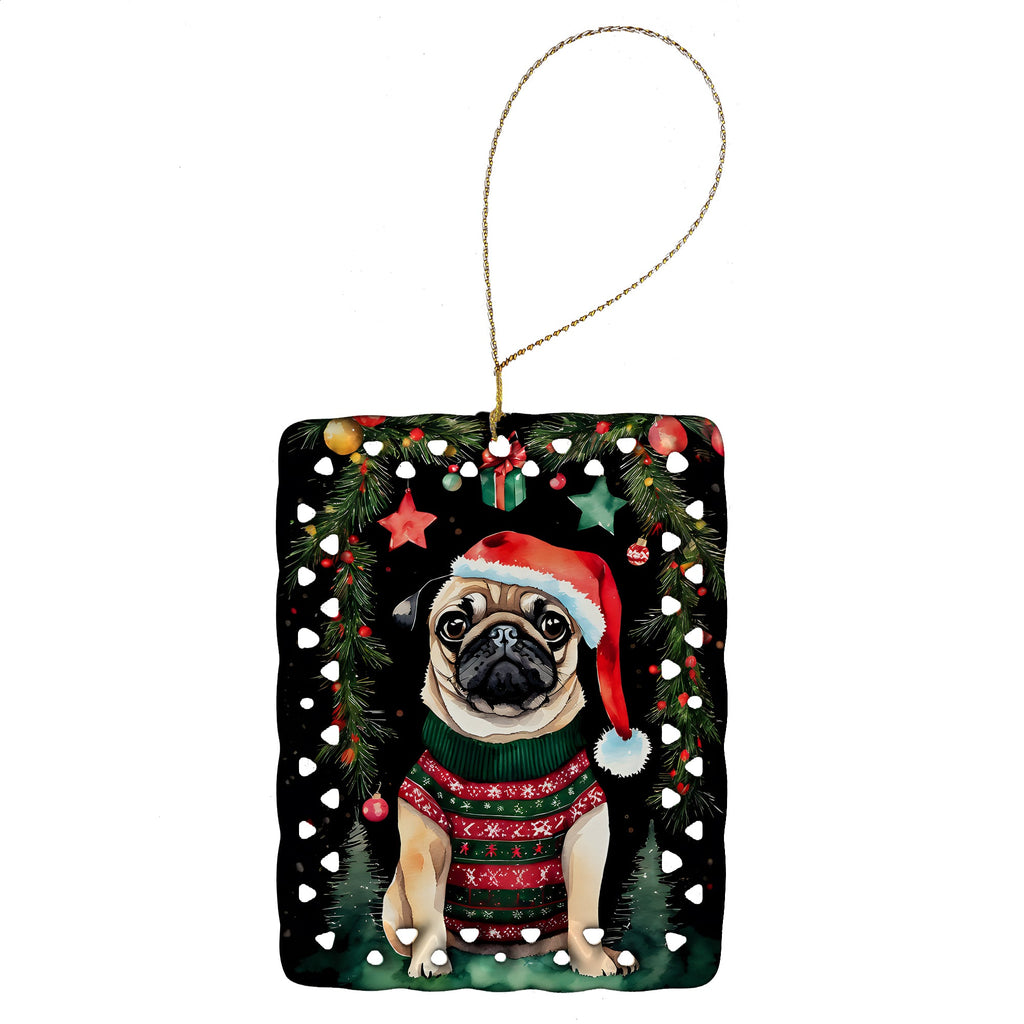Pug Christmas Porcelain Ornament Christmas Tree Hanging Decorations for Home Christmas Holiday, Rectangle, Gift, Multicolor