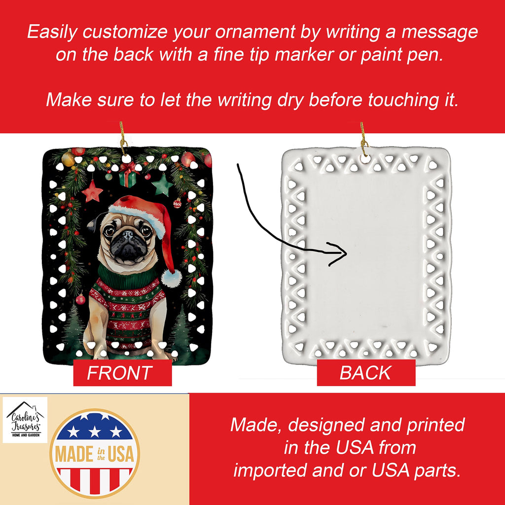 Pug Christmas Porcelain Ornament Christmas Tree Hanging Decorations for Home Christmas Holiday, Rectangle, Gift, Multicolor