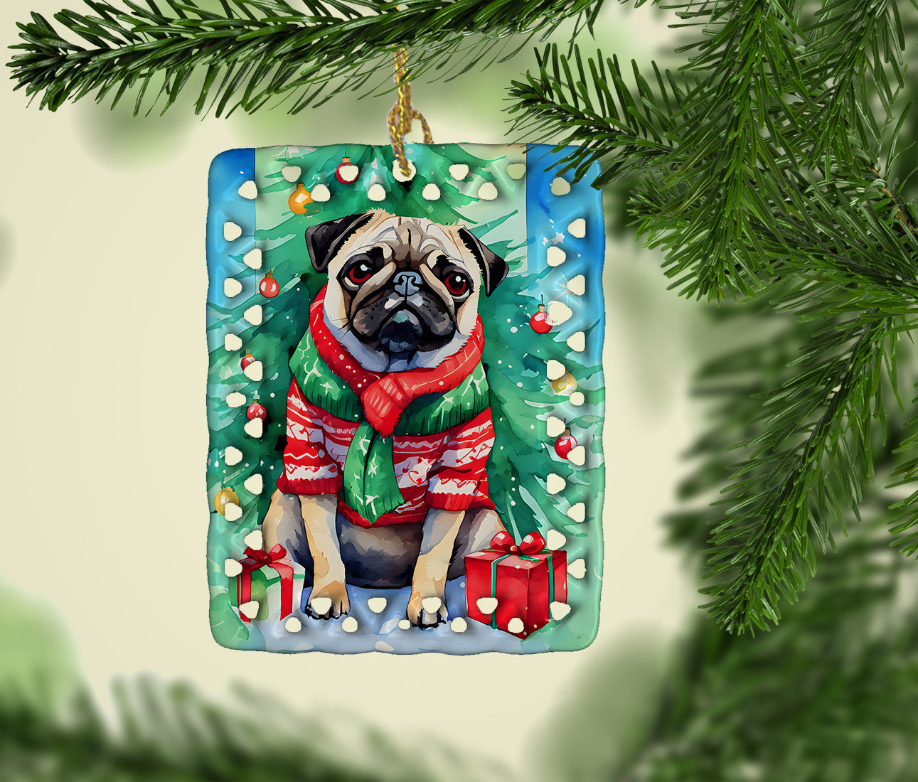 Pug Christmas Porcelain Ornament Christmas Tree Hanging Decorations for Home Christmas Holiday, Rectangle, Gift, Multicolor