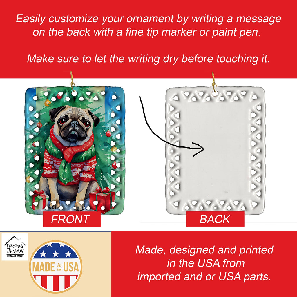 Pug Christmas Porcelain Ornament Christmas Tree Hanging Decorations for Home Christmas Holiday, Rectangle, Gift, Multicolor