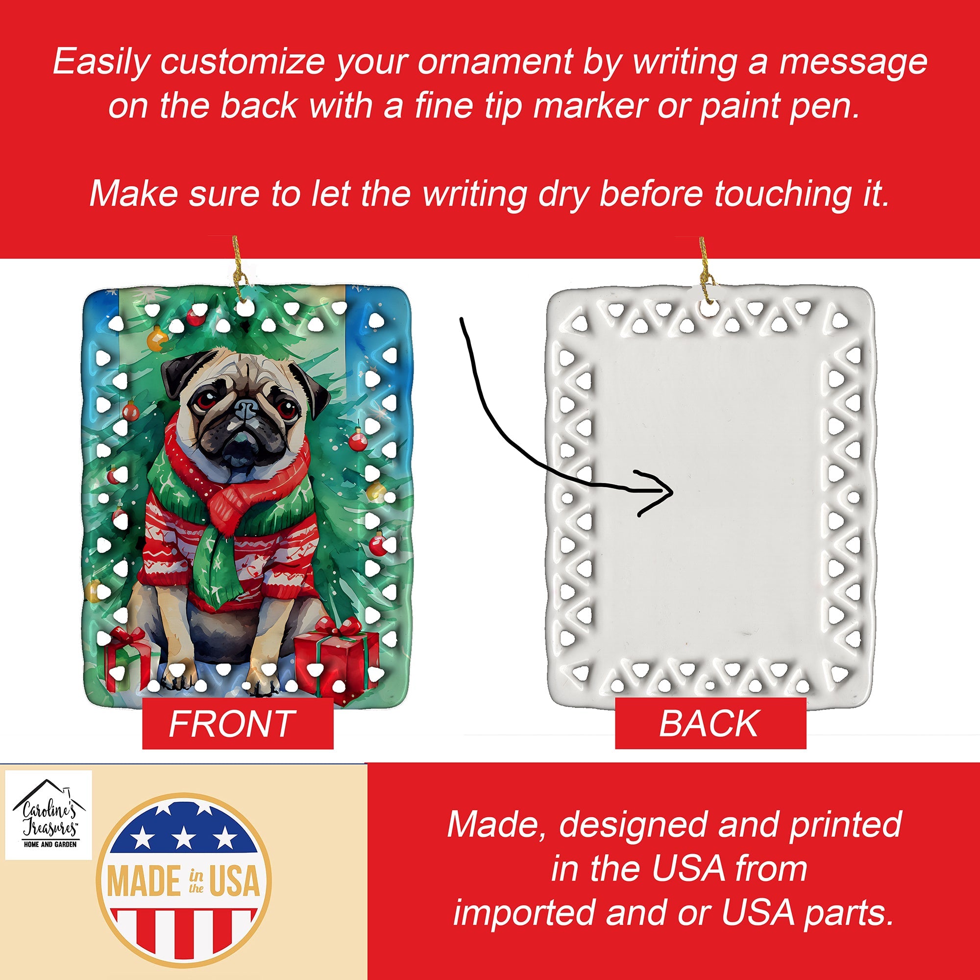 Pug Christmas Porcelain Ornament Christmas Tree Hanging Decorations for Home Christmas Holiday, Rectangle, Gift, Multicolor