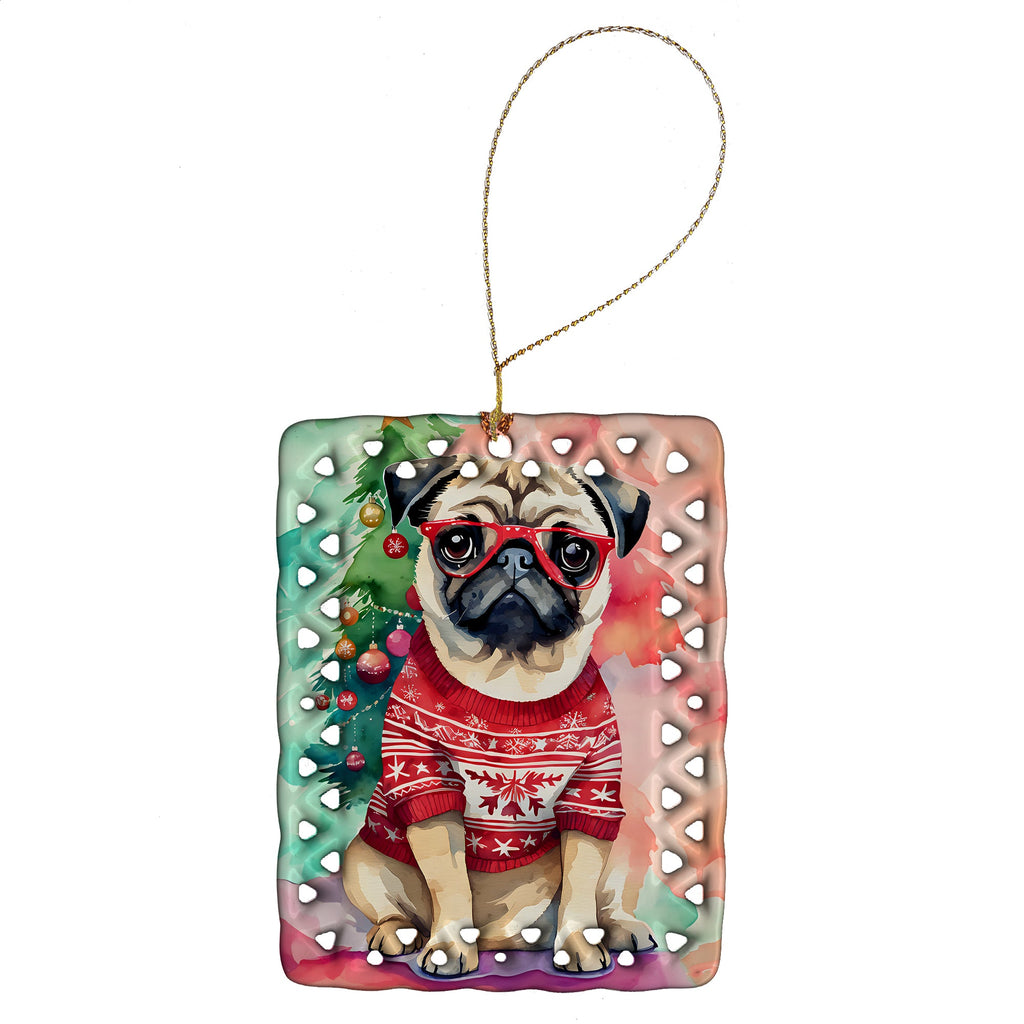 Pug Christmas Porcelain Ornament Christmas Tree Hanging Decorations for Home Christmas Holiday, Rectangle, Gift, Multicolor